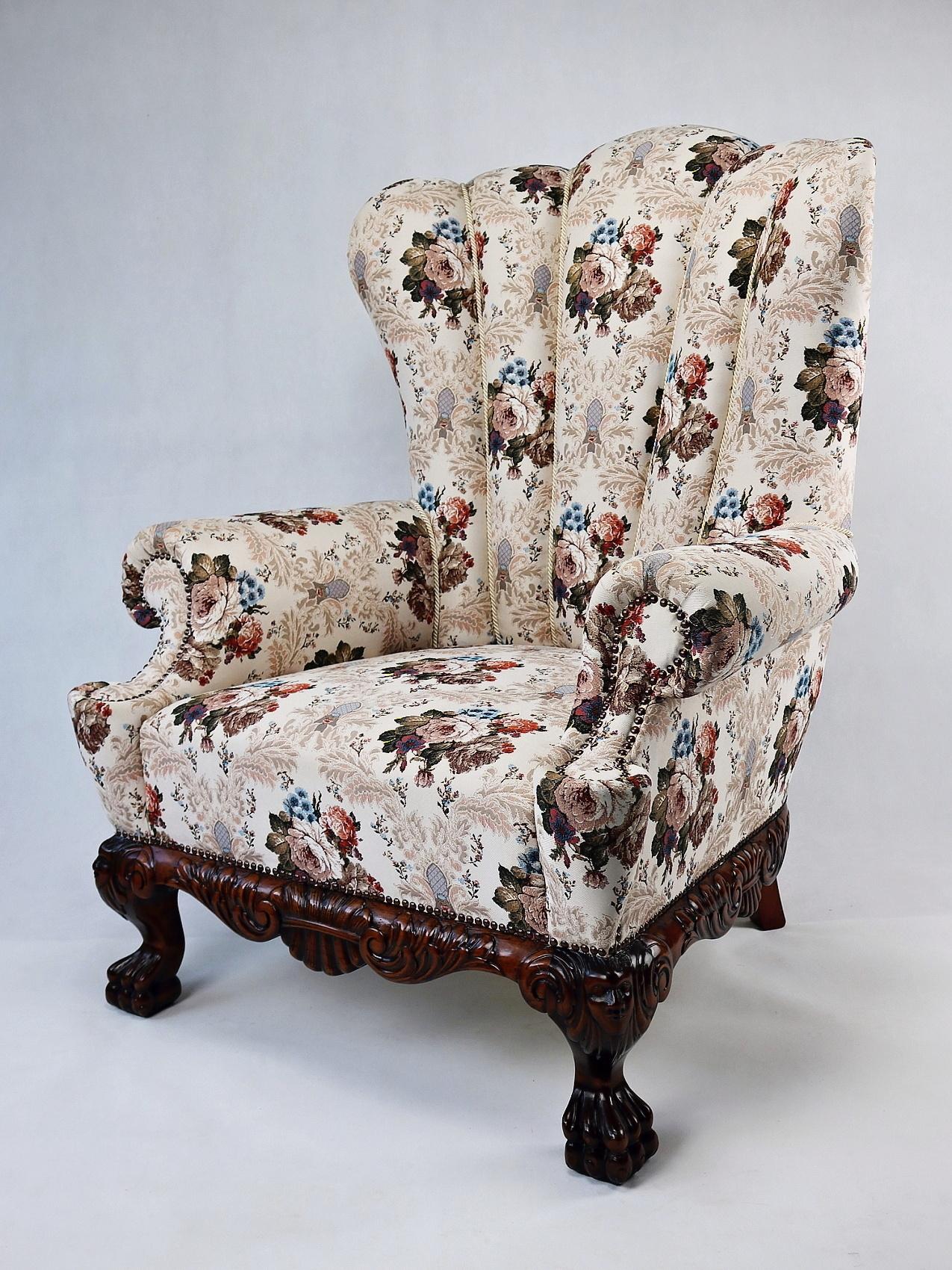 European Pair of 19th Century Austro Hungarian Wingback Armchairs Reupholstered