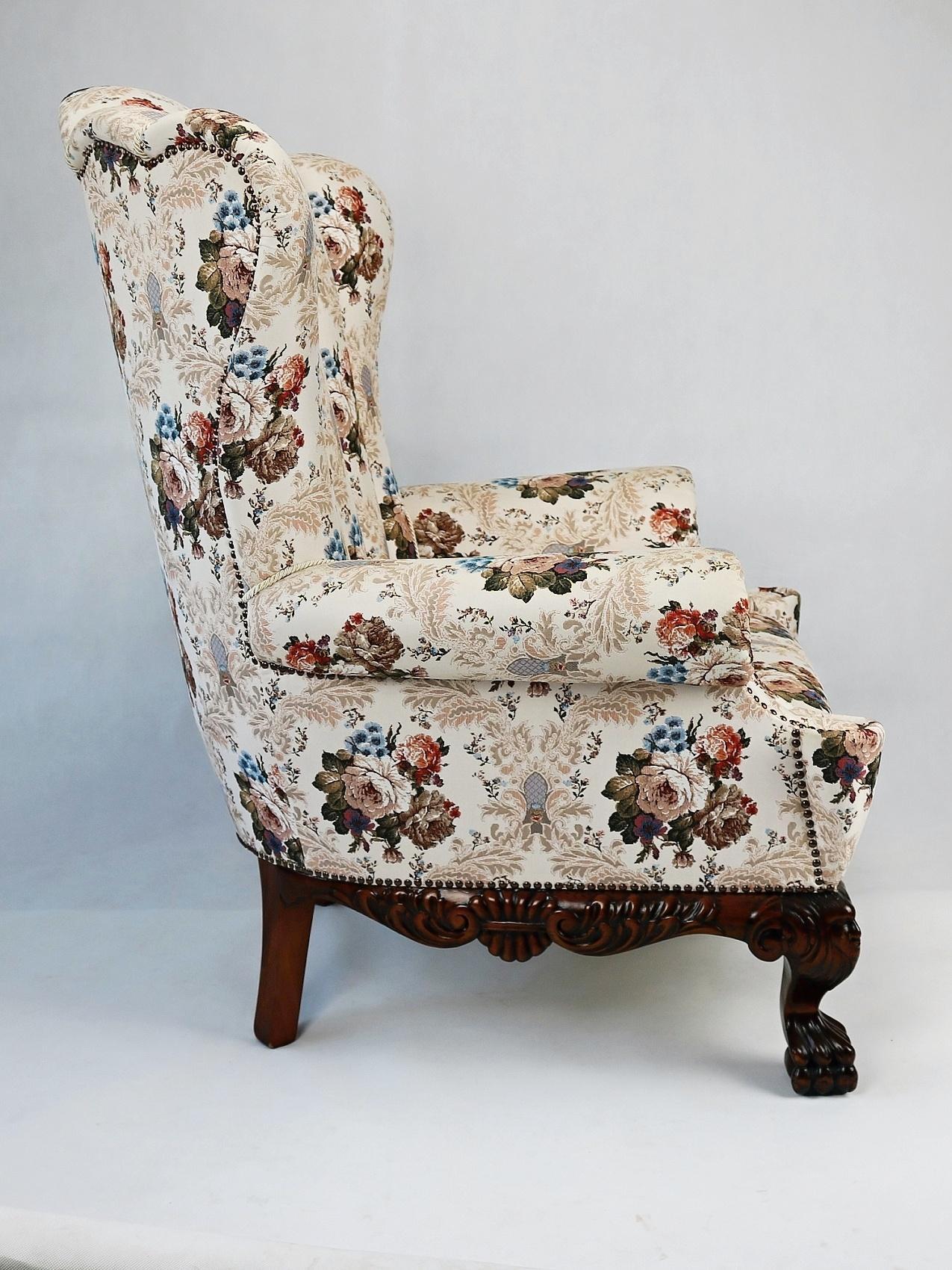 Hand-Carved Pair of 19th century Austro-Hungarian wingback chairs reupholstered  For Sale