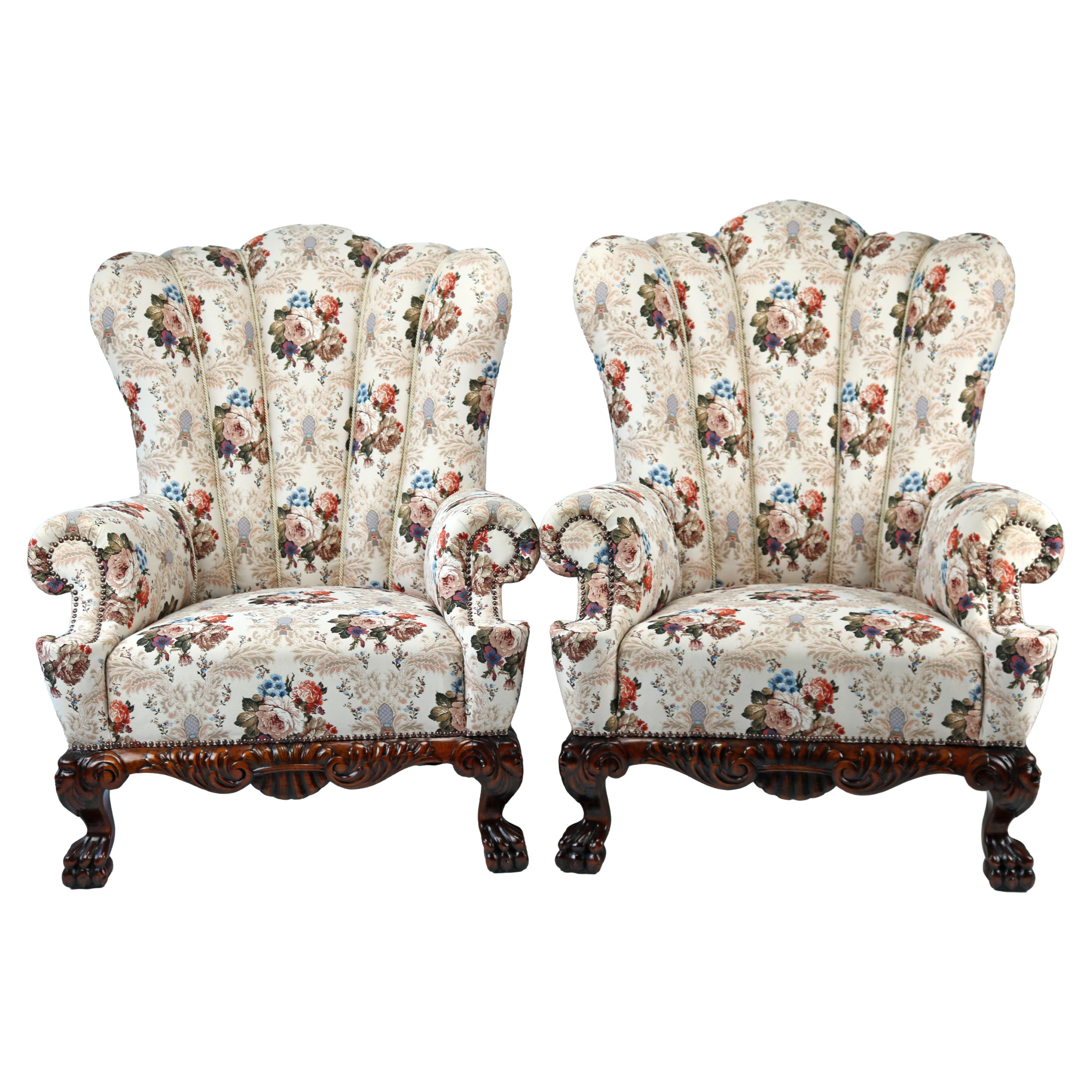 Pair of 19th century Austro-Hungarian wingback chairs reupholstered  For Sale