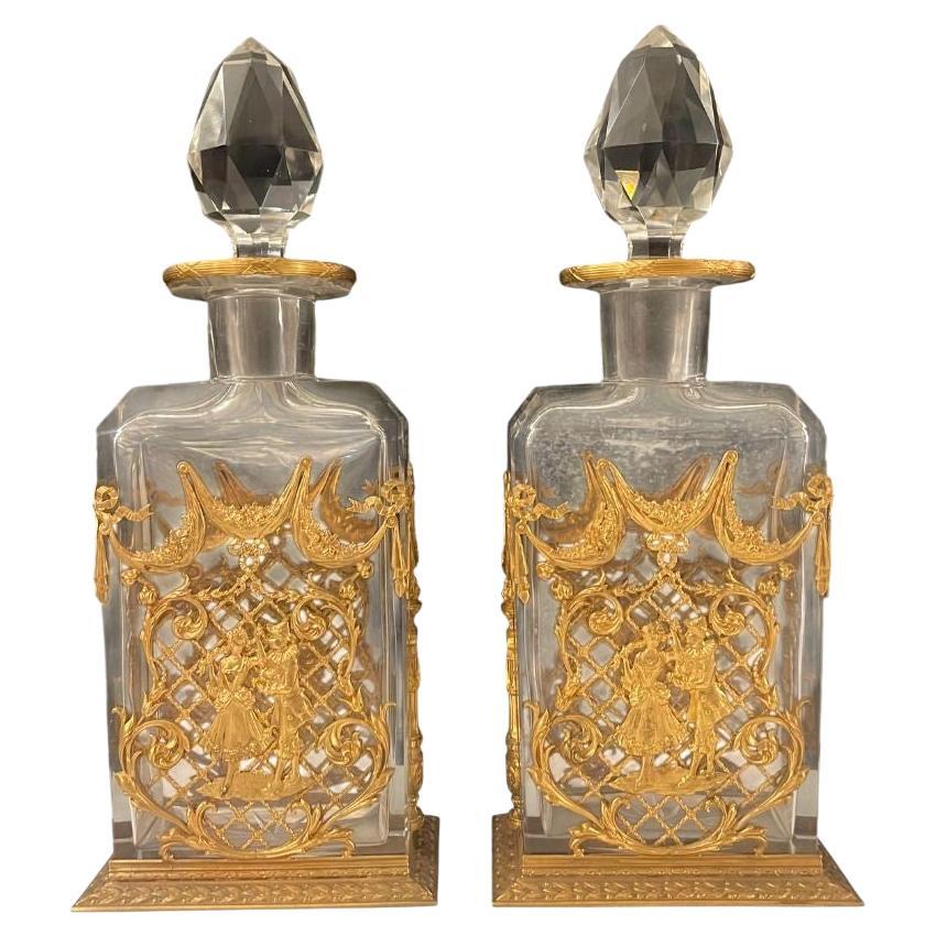 Pair of 19th Century Baccarat French Crystal Decanters with Dore Bronze Mounts For Sale