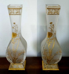 Pair of 19th Century Baccarat Gilt And Etched Frosted Glass Vases
