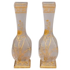 Pair of 19th Century Baccarat Gilt And Etched Frosted Glass Vases
