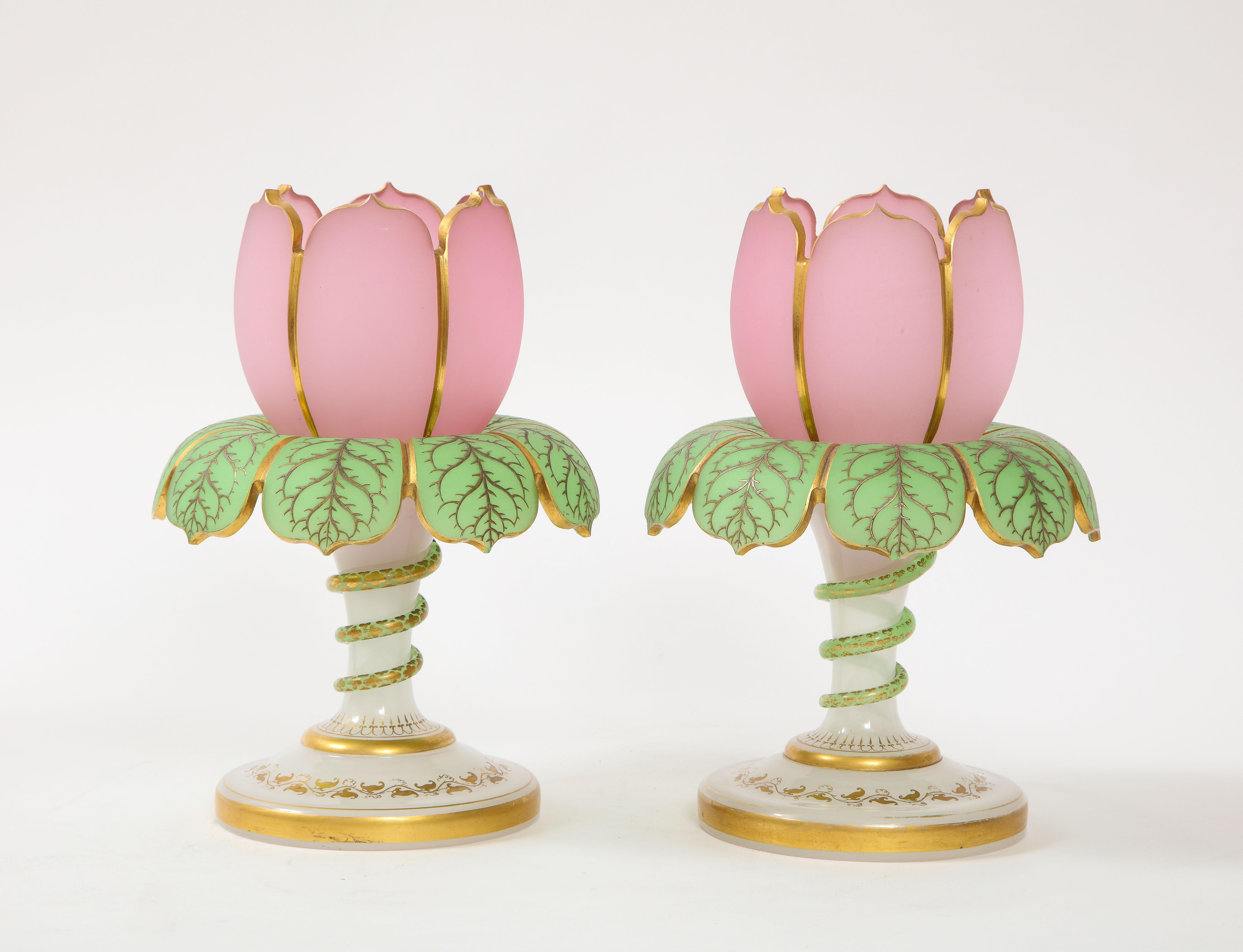 French Pair of 19th Century Baccarat Tulip Form 3 Color Opaline Vases w/ Serpent Decor For Sale