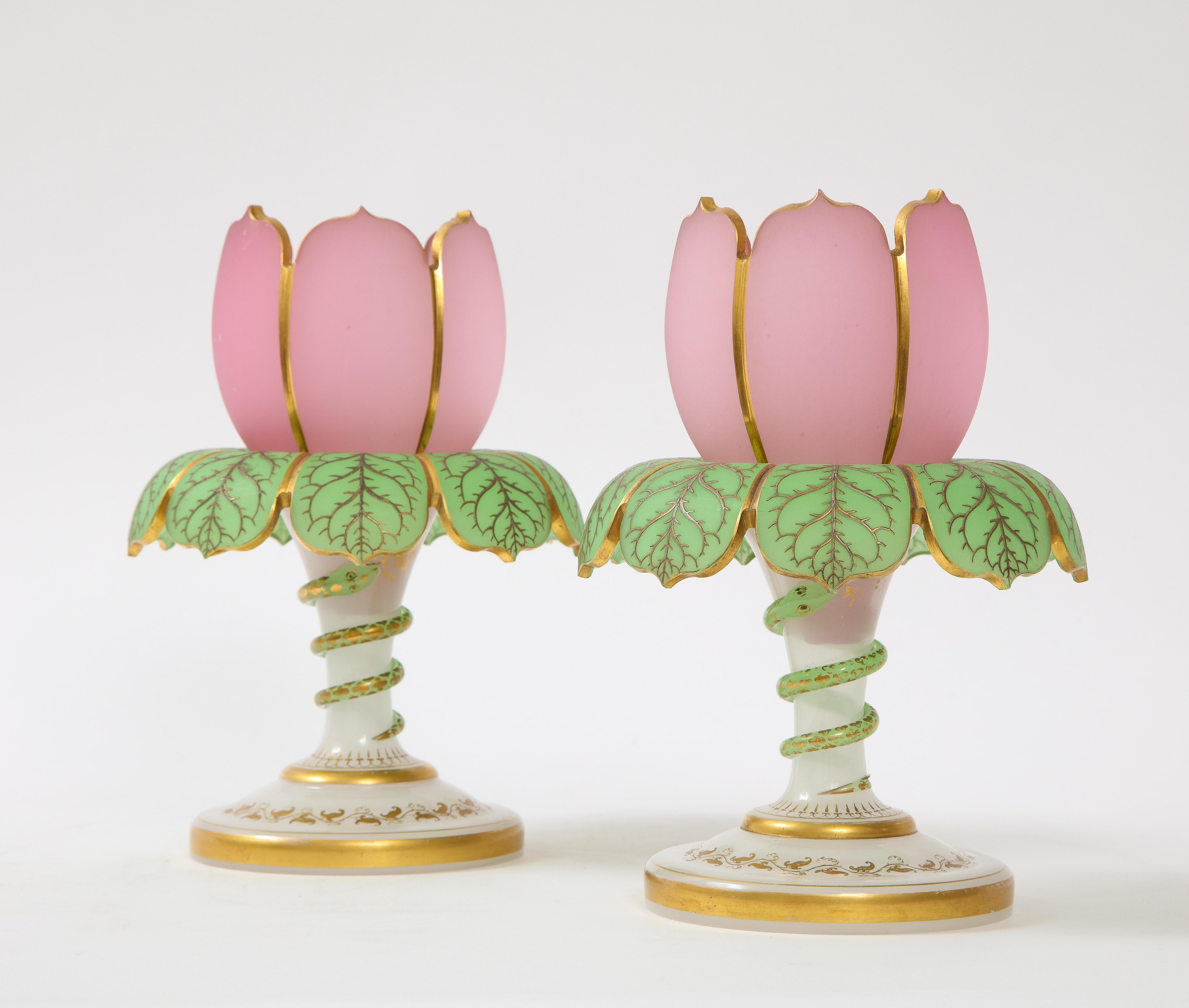 Hand-Carved Pair of 19th Century Baccarat Tulip Form 3 Color Opaline Vases w/ Serpent Decor For Sale