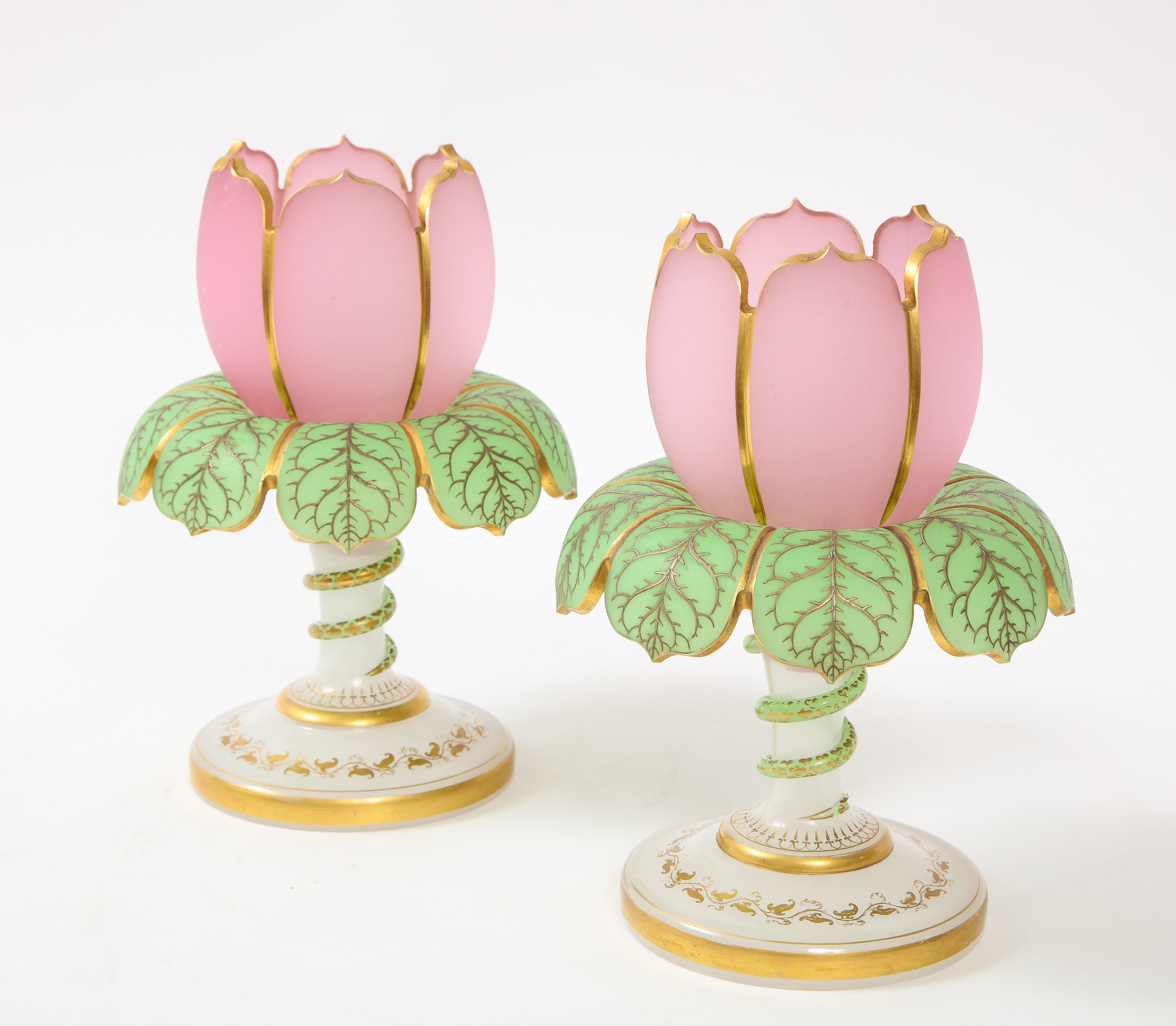 Hand-Carved Pair of 19th Century Baccarat Tulip Form 3 Color Opaline Vases w/ Serpent Decor For Sale