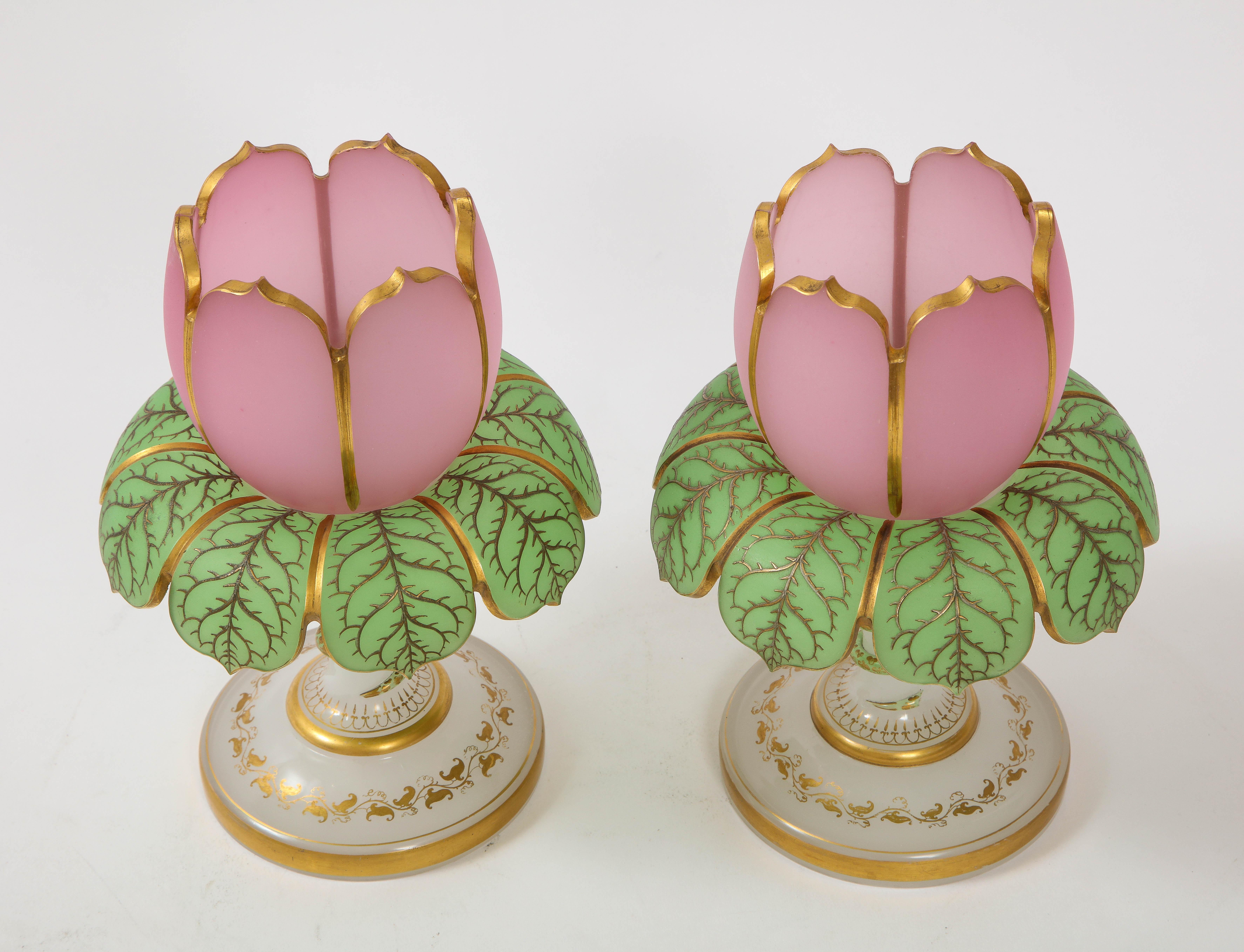 Pair of 19th Century Baccarat Tulip Form 3 Color Opaline Vases w/ Serpent Decor In Good Condition For Sale In New York, NY