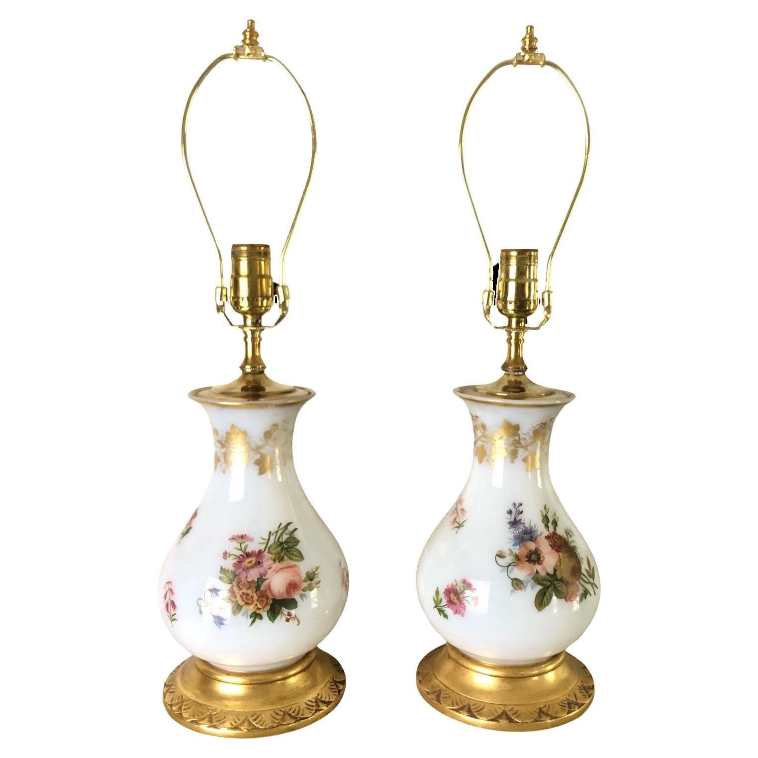Pair of 19th Century Baccarat White Opaline Lamps For Sale
