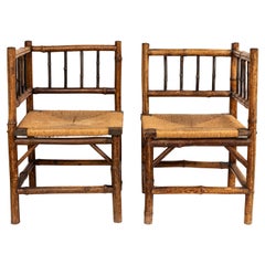 Antique Pair of 19th Century Bamboo and Rush Corner Chairs