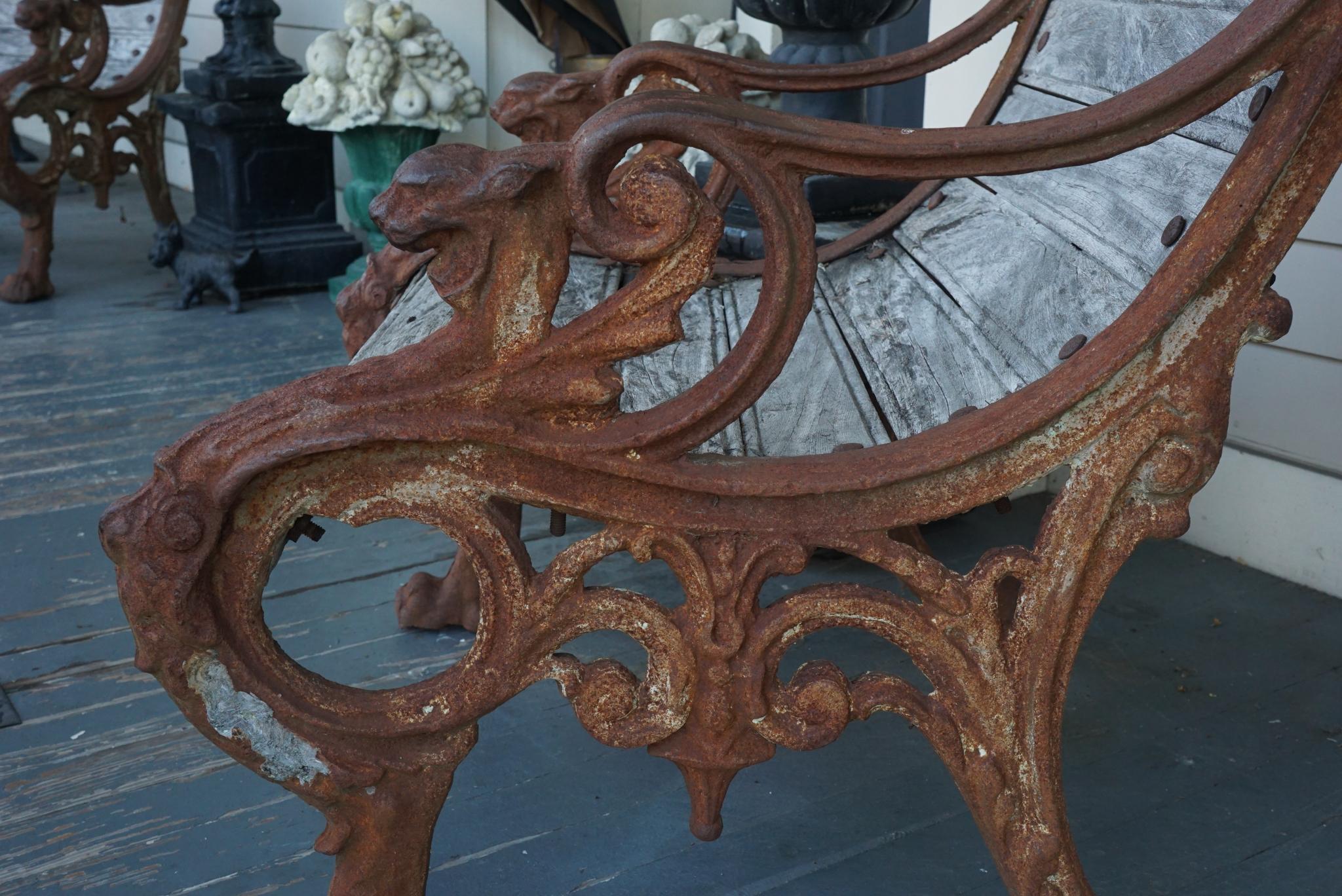 Pair of 19th Century Barbezat & Cie Cast Iron & Teak Garden Chairs In Fair Condition For Sale In Hudson, NY