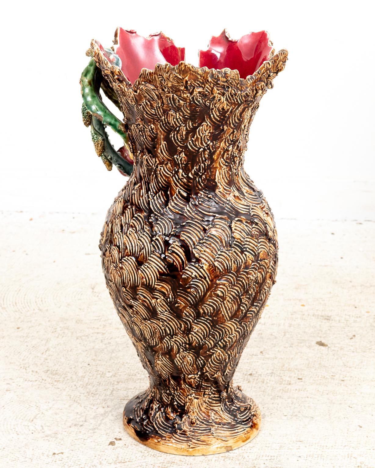 Painted Pair of 19th Century Barbotine Vases For Sale