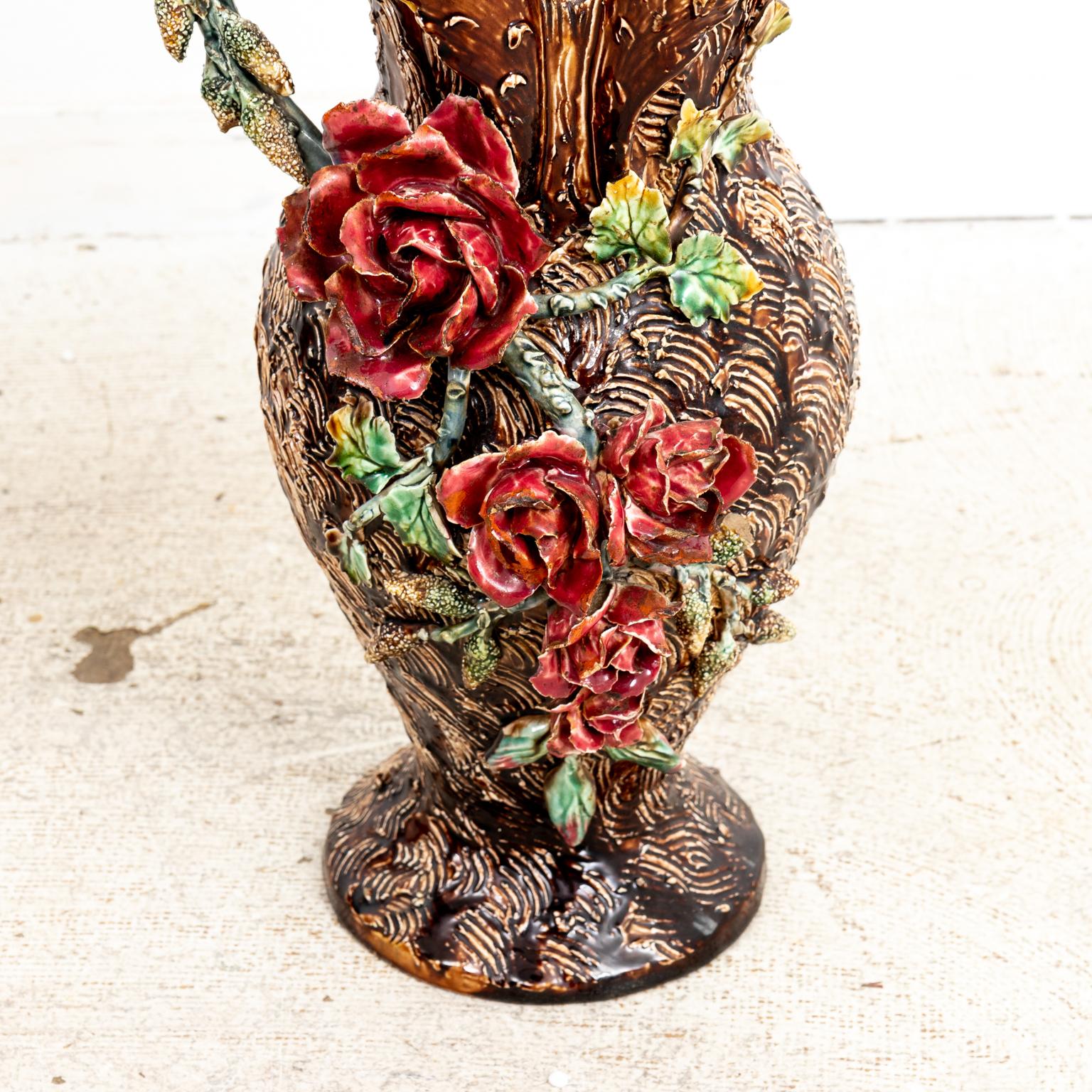 Majolica Pair of 19th Century Barbotine Vases For Sale