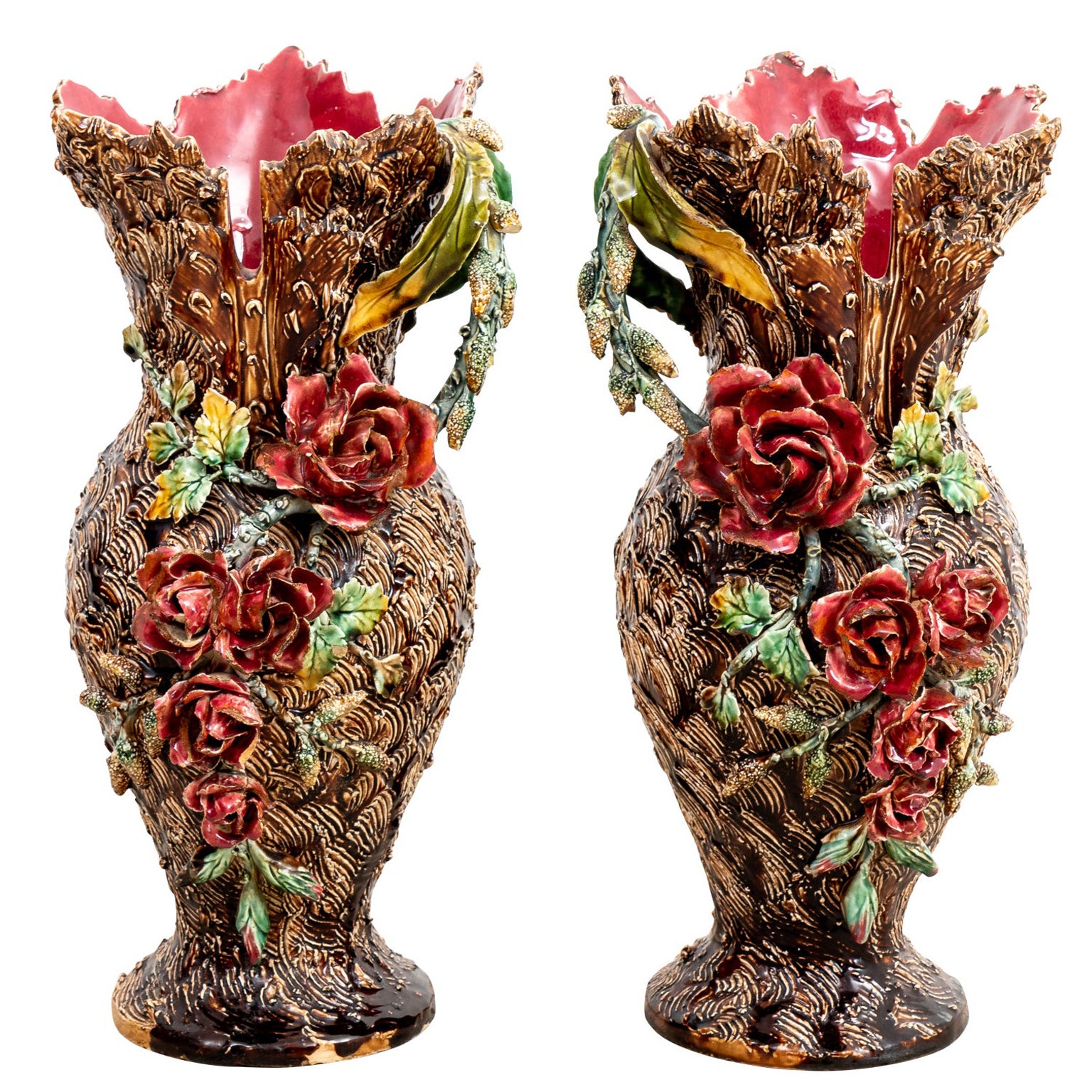 Pair of 19th Century Barbotine Vases For Sale