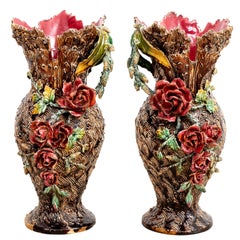 Pair of 19th Century Barbotine Vases
