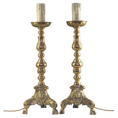 Pair of 19th Century Baroque Brass Ecclesiastical Candlestick Table Lamps