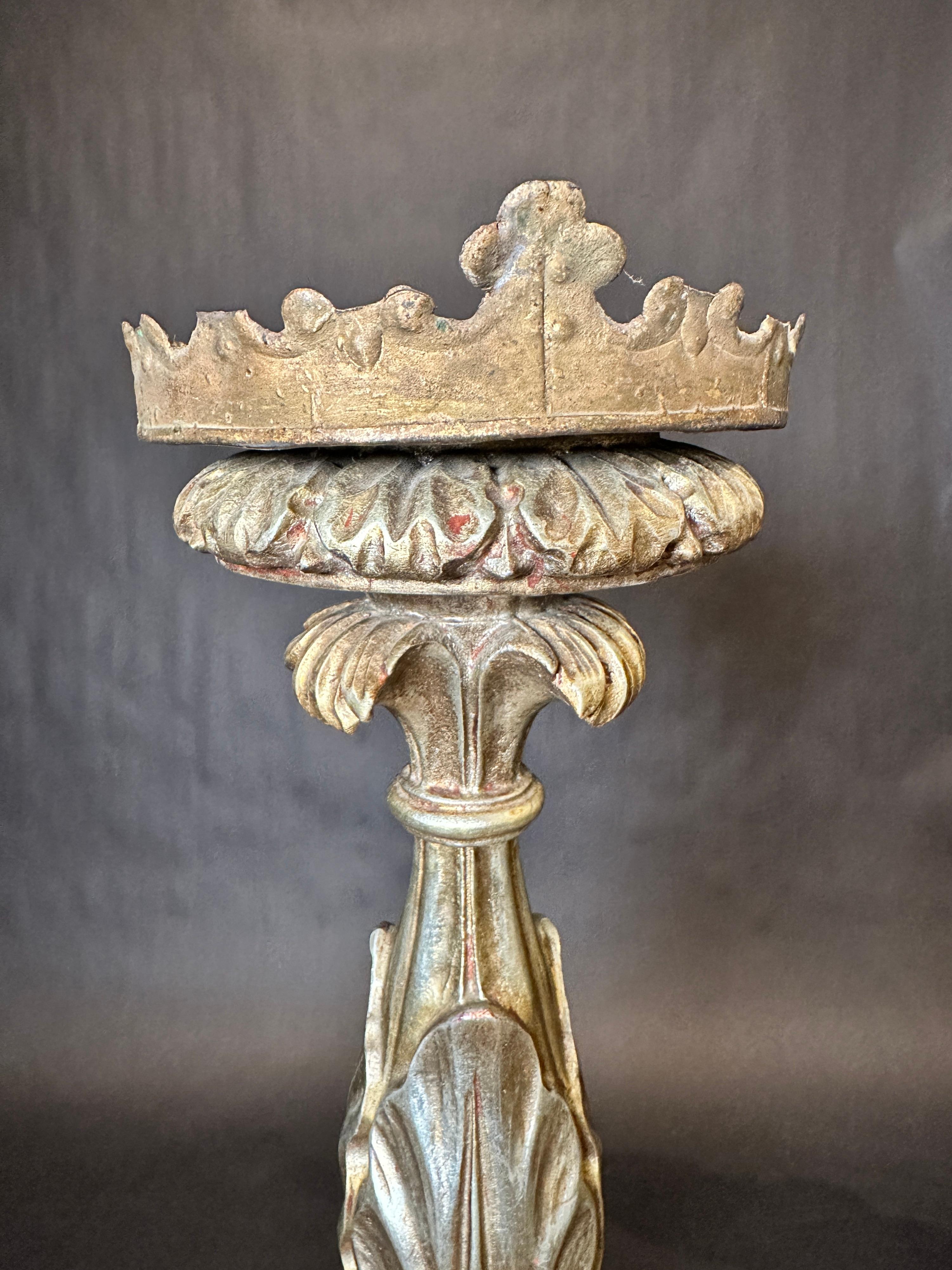 Pair Of 19th Century Baroque Carved Wood Pricket Candlesticks For Sale 4