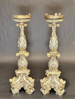 Pair Of 19th Century Baroque Carved Wood Pricket Candlesticks