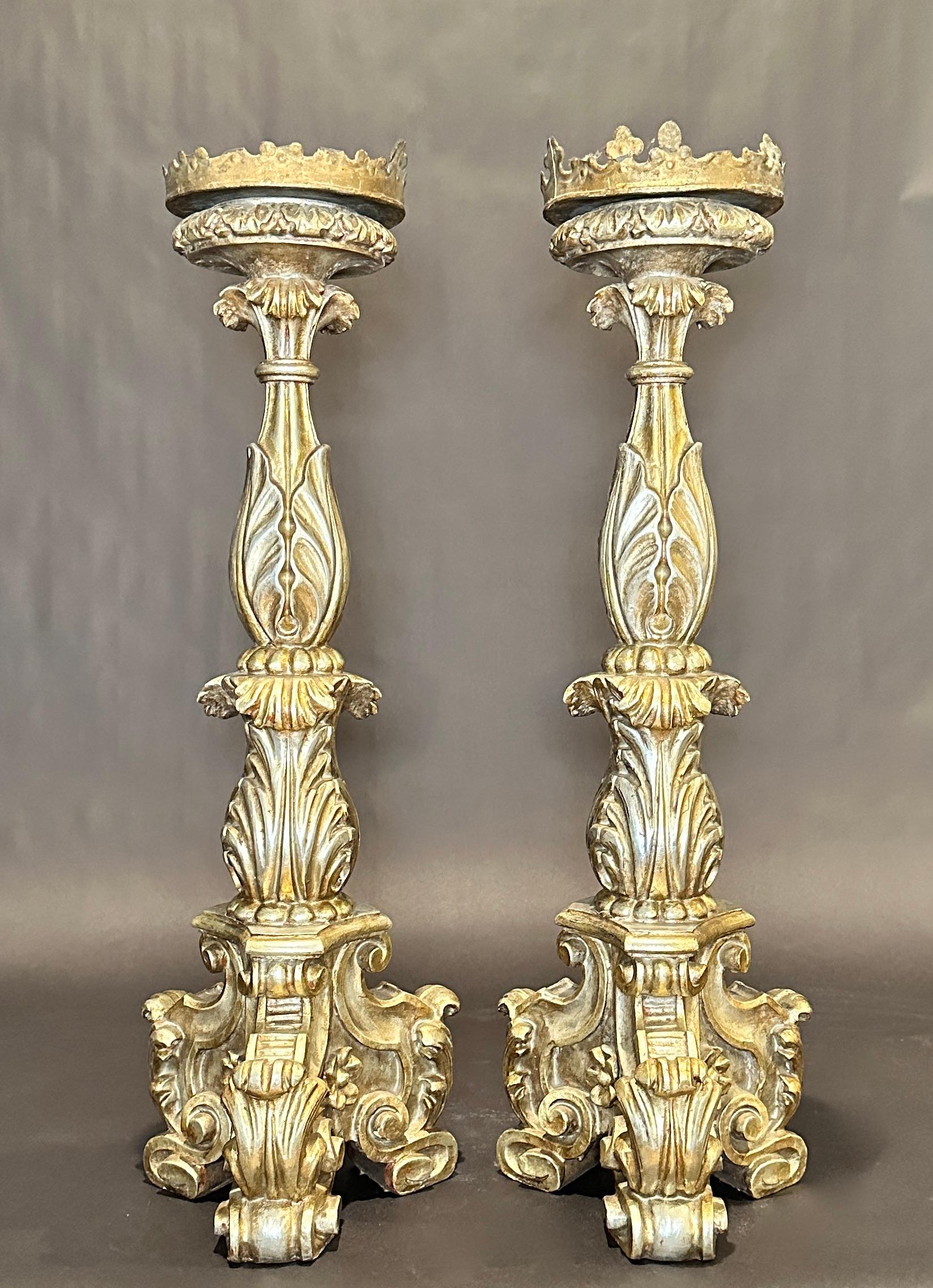 Italian Pair Of 19th Century Baroque Carved Wood Pricket Candlesticks For Sale