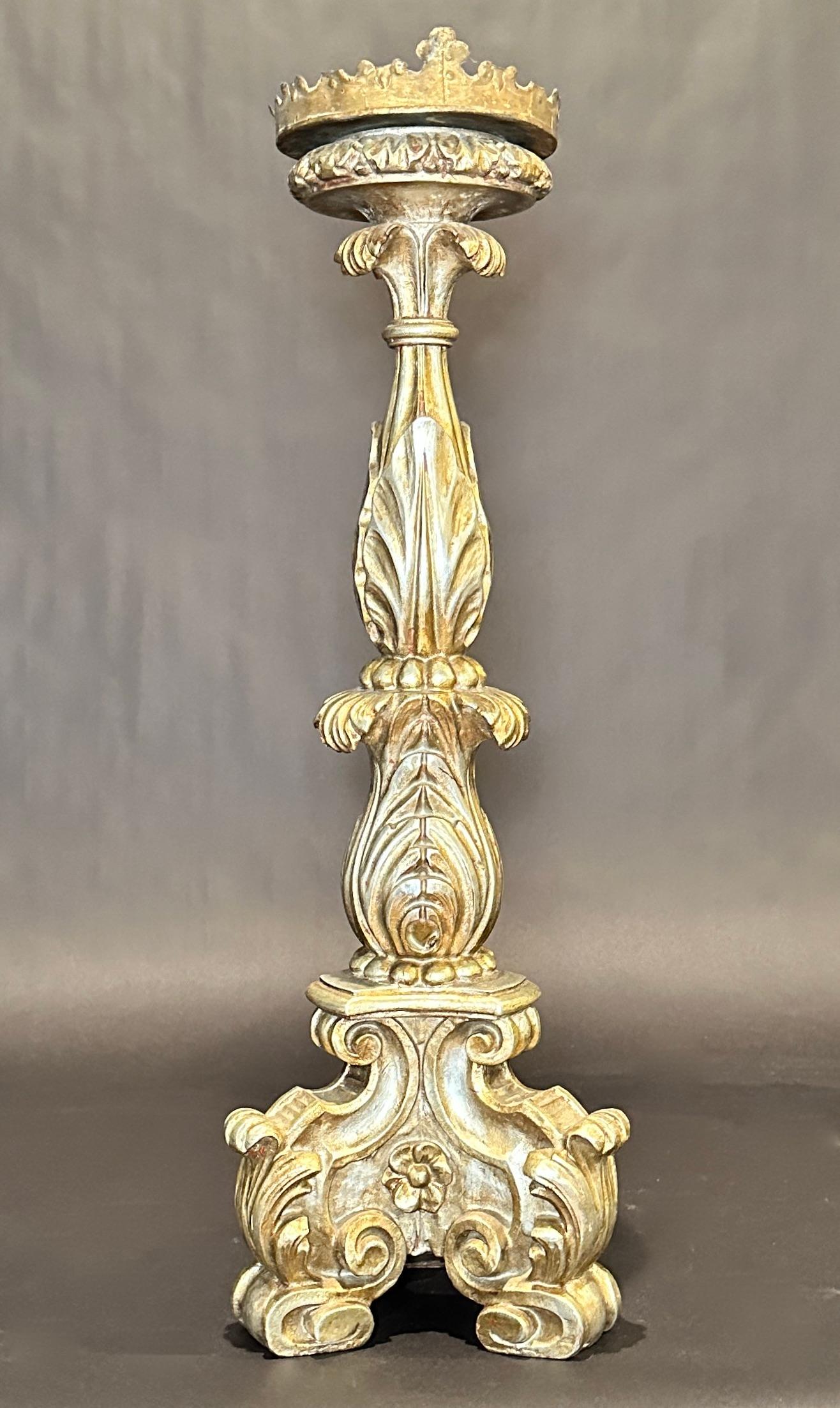 Hand-Carved Pair Of 19th Century Baroque Carved Wood Pricket Candlesticks For Sale