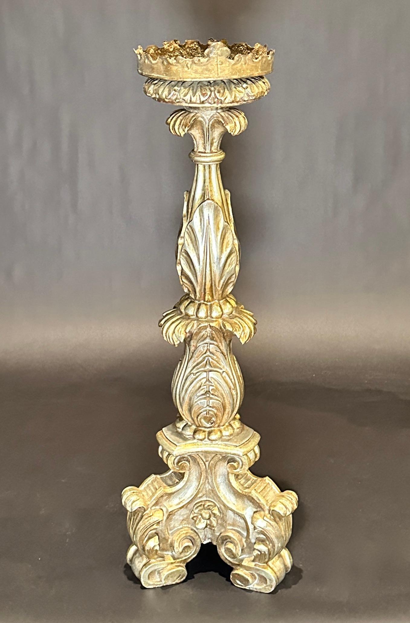 Pair Of 19th Century Baroque Carved Wood Pricket Candlesticks In Good Condition For Sale In Norwood, NJ
