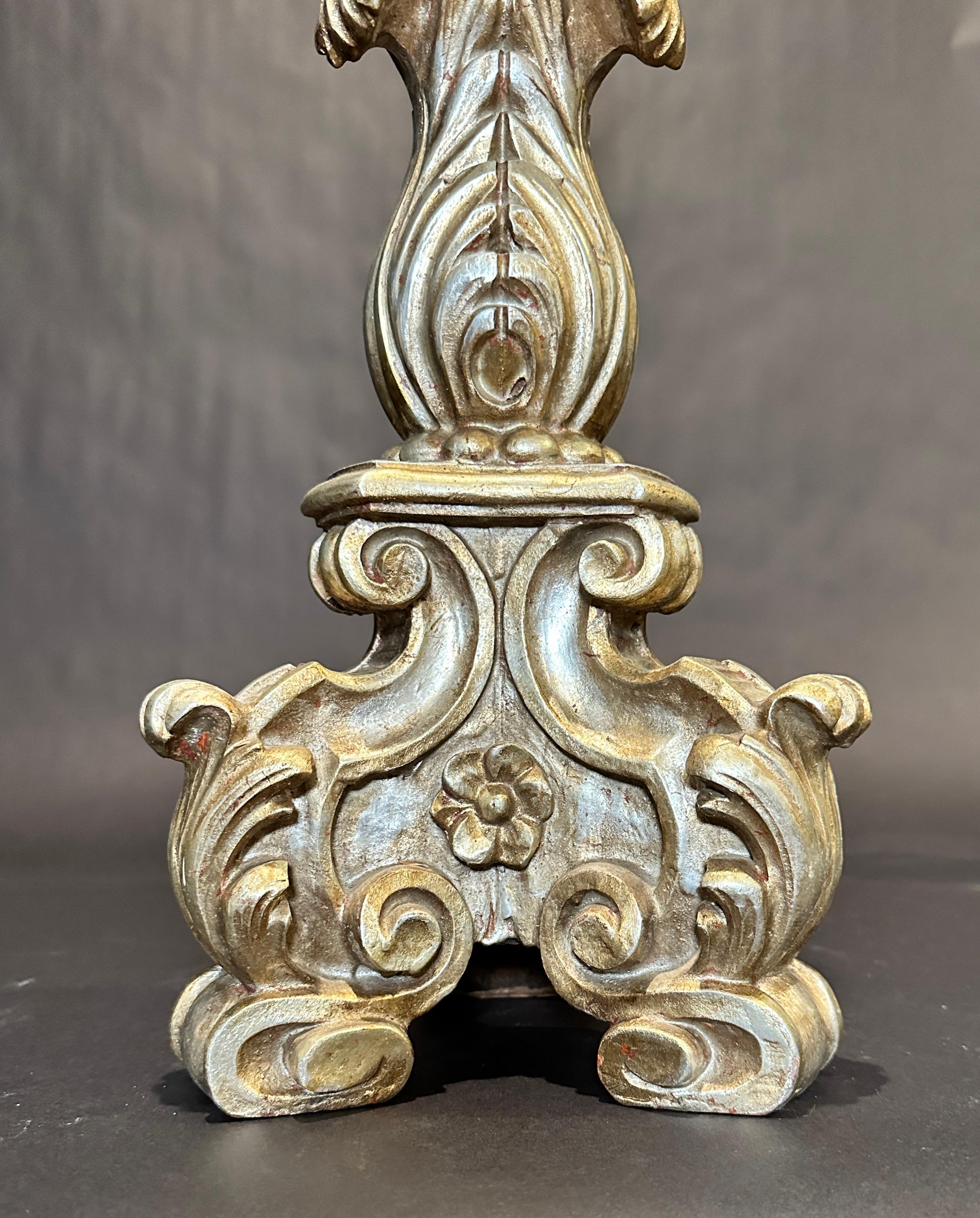 Silver Leaf Pair Of 19th Century Baroque Carved Wood Pricket Candlesticks For Sale