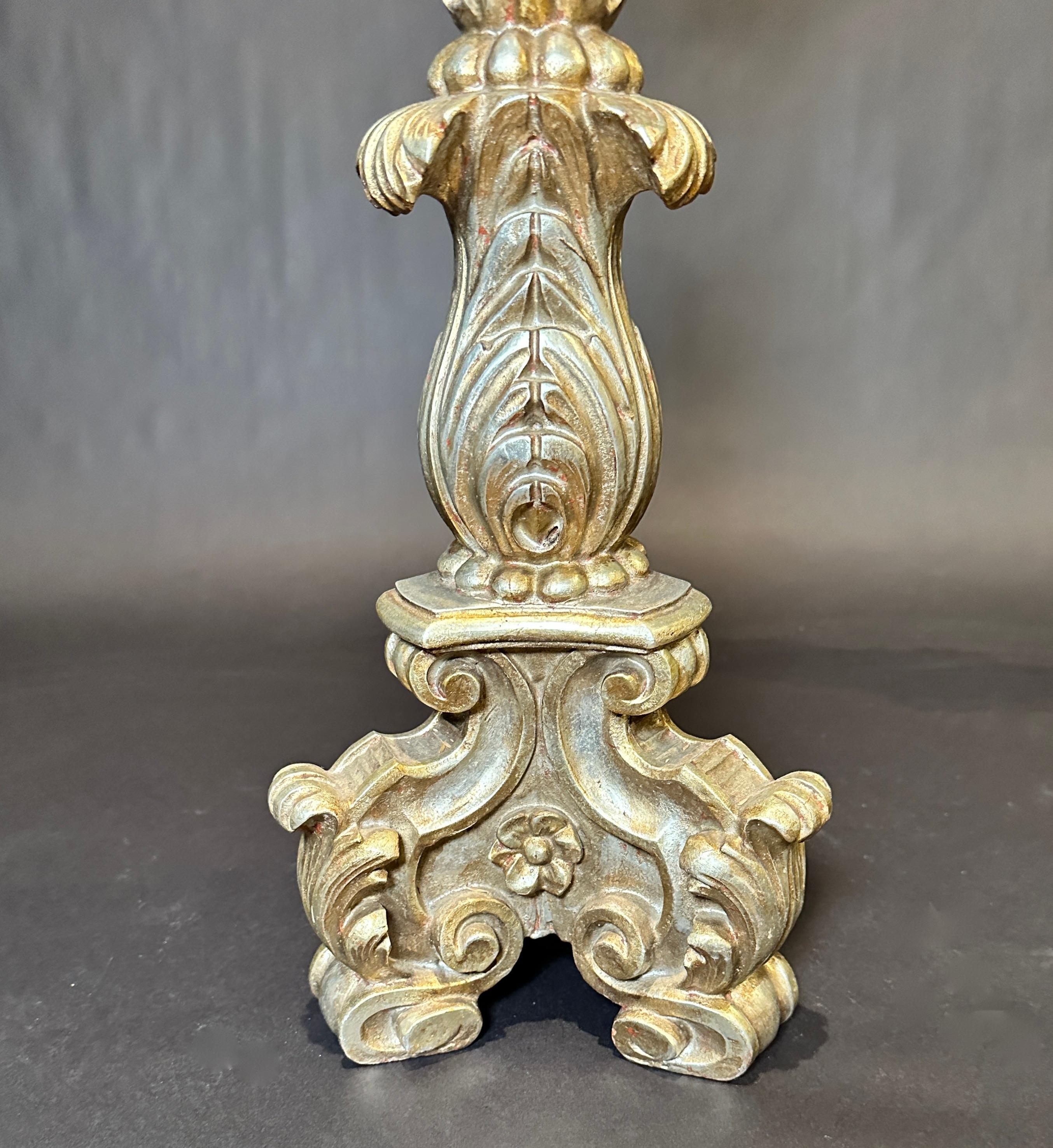 Pair Of 19th Century Baroque Carved Wood Pricket Candlesticks For Sale 1