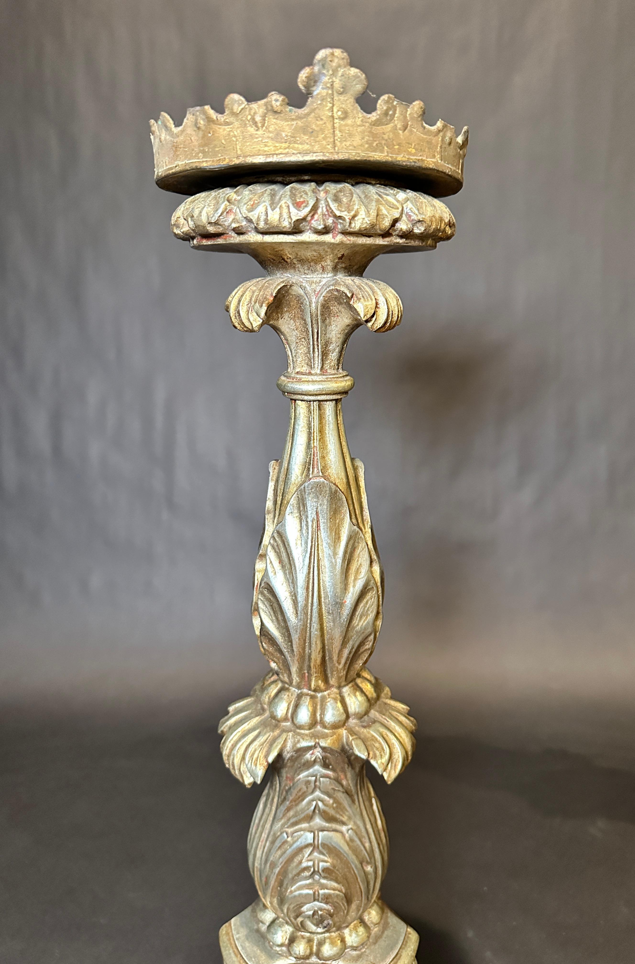 Pair Of 19th Century Baroque Carved Wood Pricket Candlesticks For Sale 2
