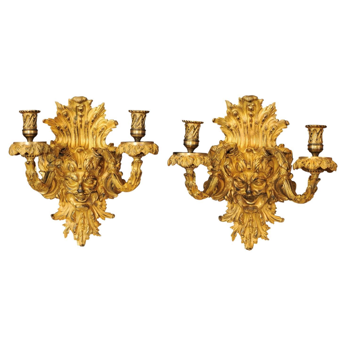 Pair of 19th Century Baroque Style Bronze Dore Sconces