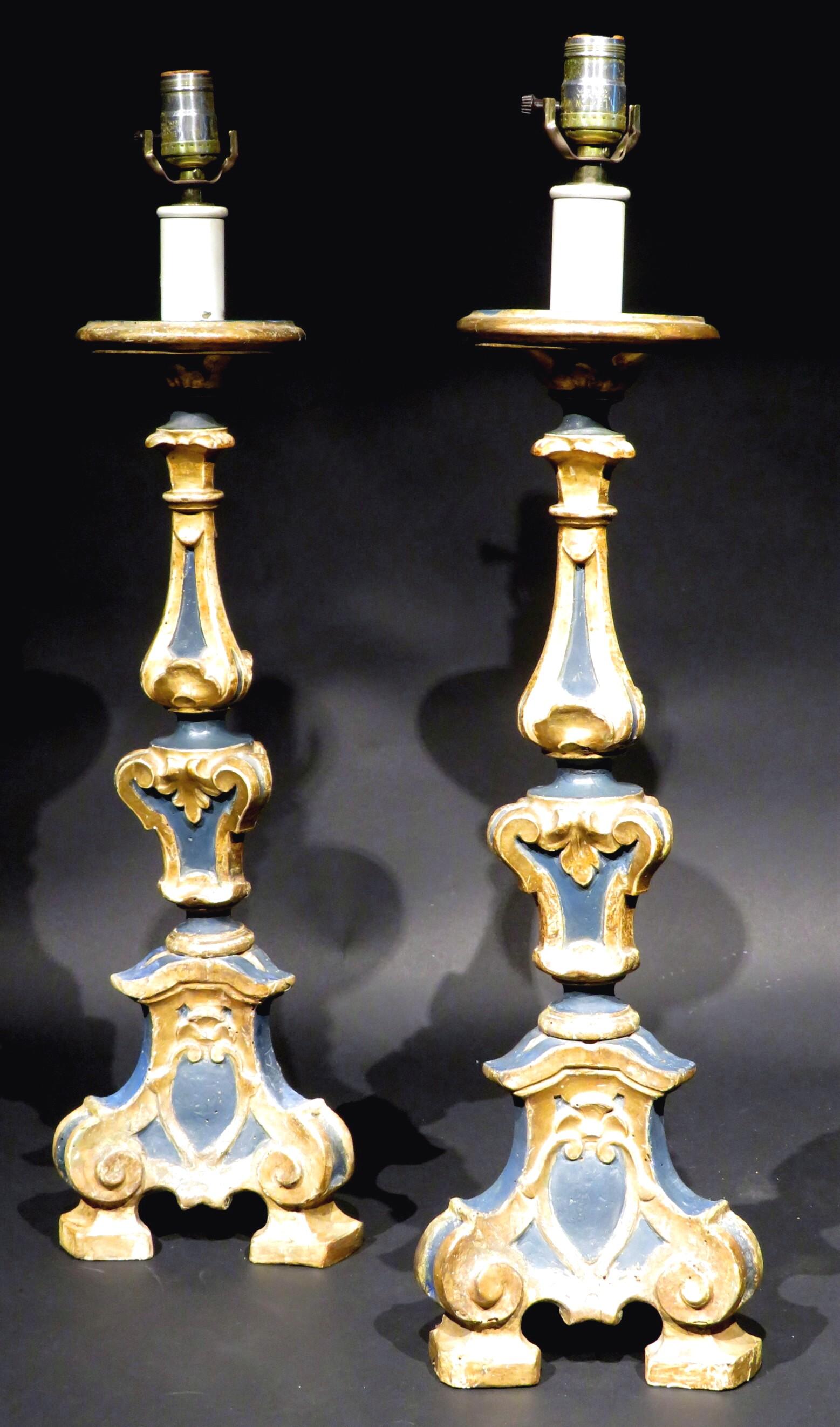 Paint Pair of 19th Century Baroque Style Pricket Table Lamps, Italian Circa 1890 For Sale