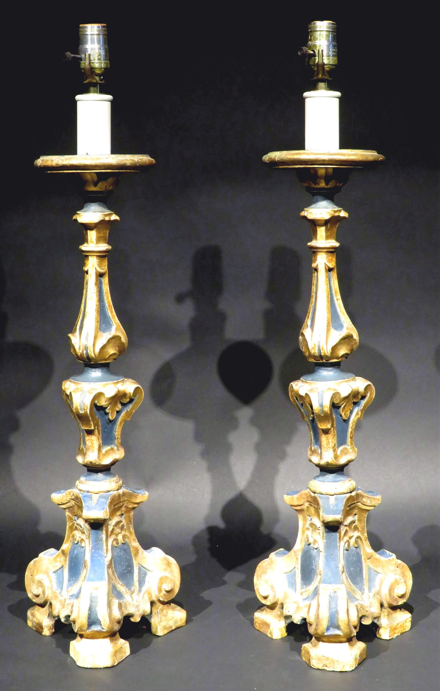 Hand-Carved Pair of 19th Century Baroque Style Pricket Table Lamps, Italian Circa 1890 For Sale