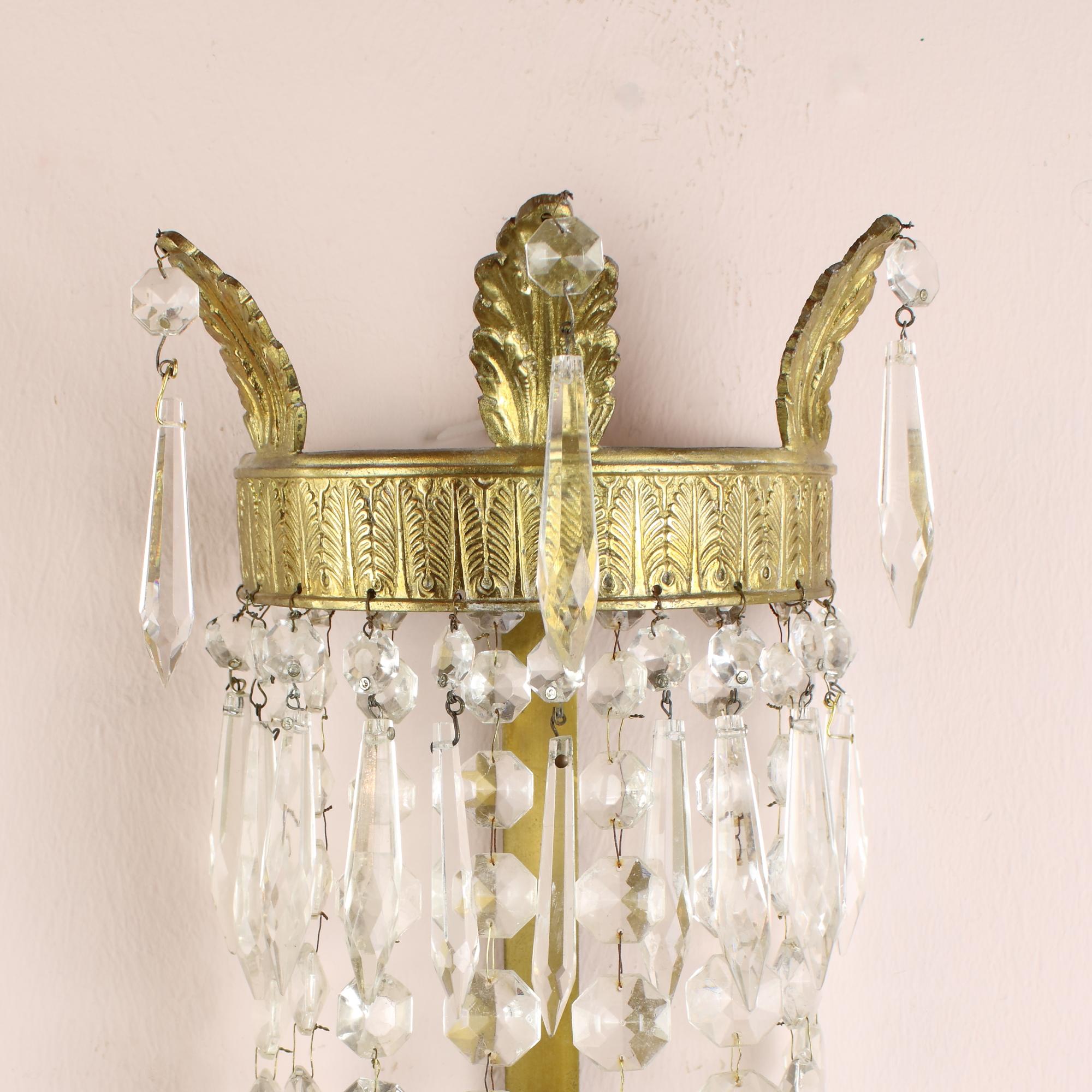 Pair of 19th Century Basket Shape Gilt Bronze Crystal Empire Wall Lights For Sale 5