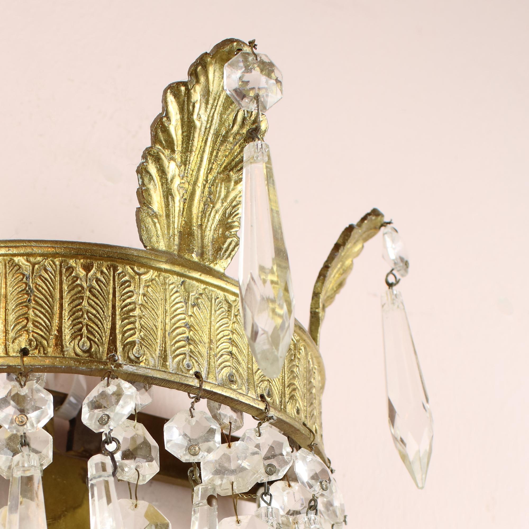 Pair of 19th Century Basket Shape Gilt Bronze Crystal Empire Wall Lights For Sale 6