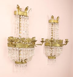 Pair of 19th Century Basket Shape Gilt Bronze Crystal Empire Wall Lights