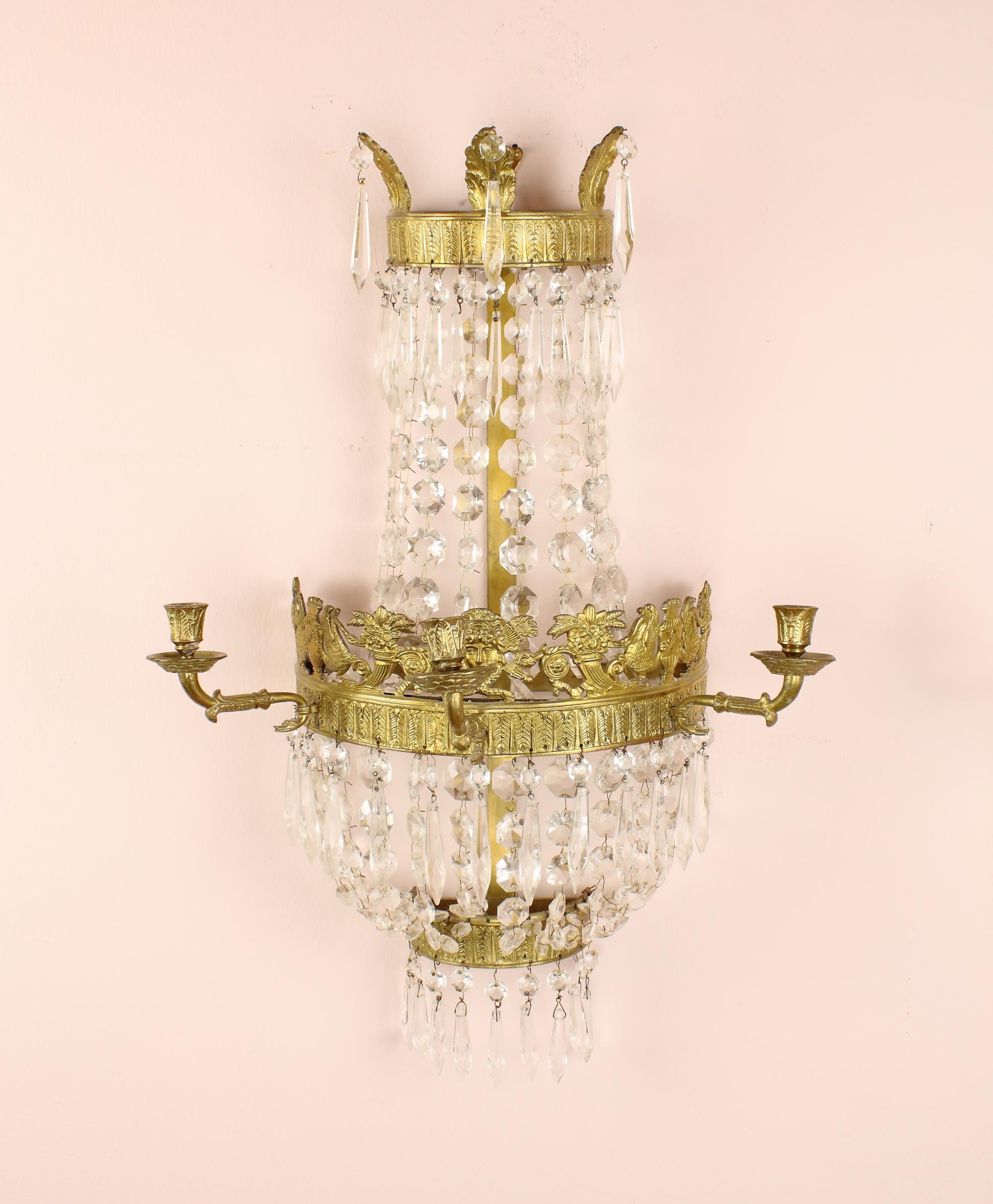 French Pair of 19th Century Basket Shape Gilt Bronze Crystal Empire Wall Lights For Sale