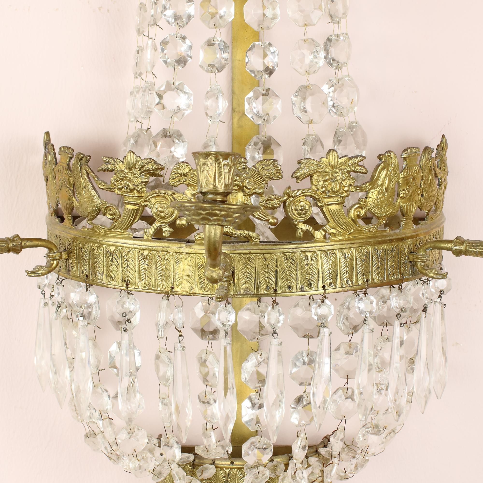 Mid-19th Century Pair of 19th Century Basket Shape Gilt Bronze Crystal Empire Wall Lights For Sale