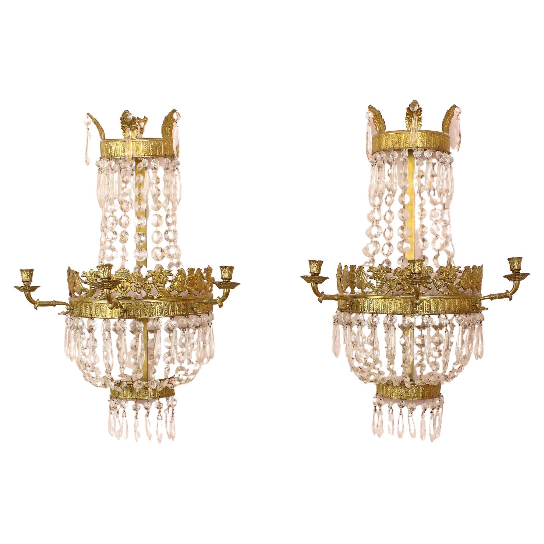 Pair of 19th Century Basket Shape Gilt Bronze Crystal Empire Wall Lights For Sale