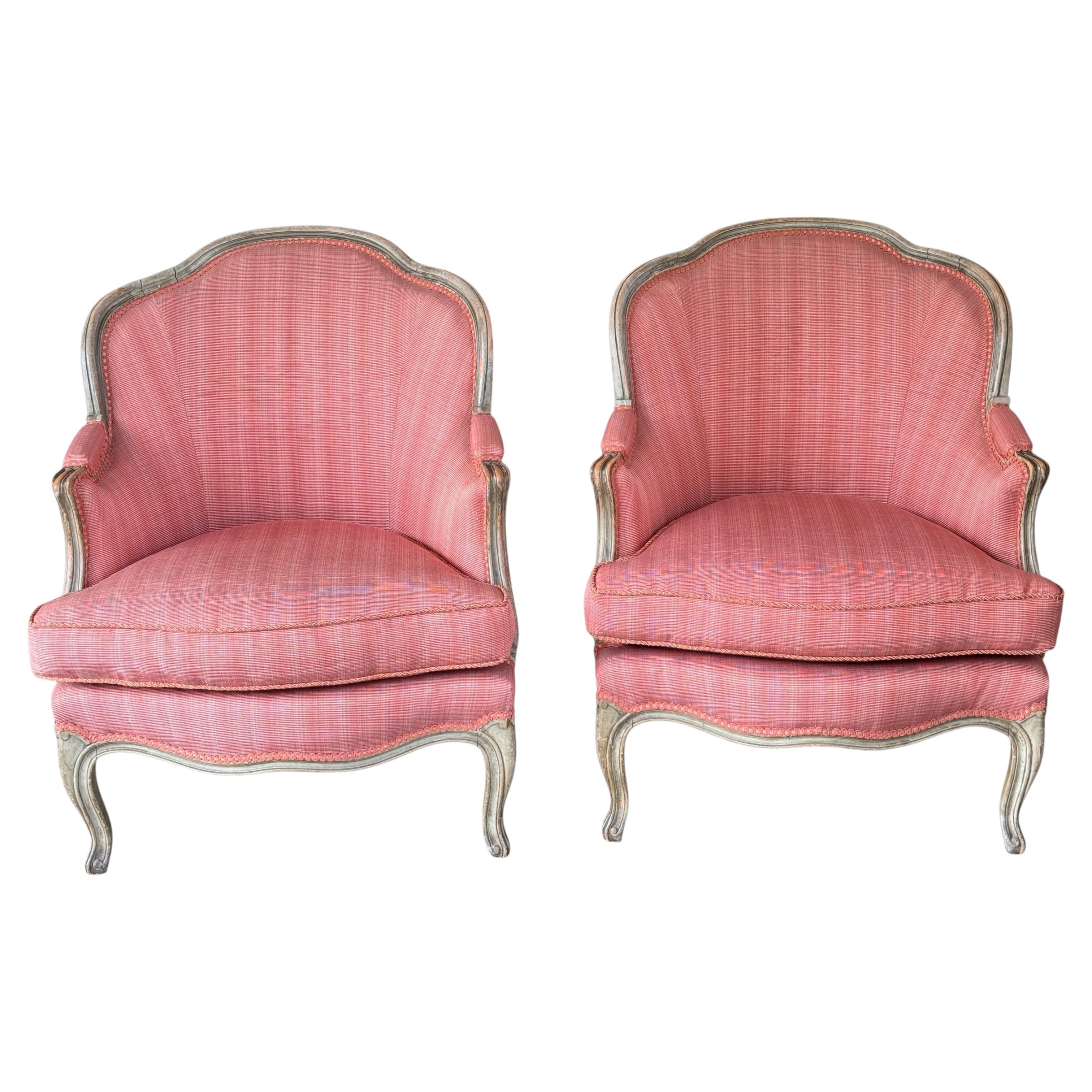 Coppia di bergeres in legno di faggio del XIX secolo con tappezzeria rosa in vendita