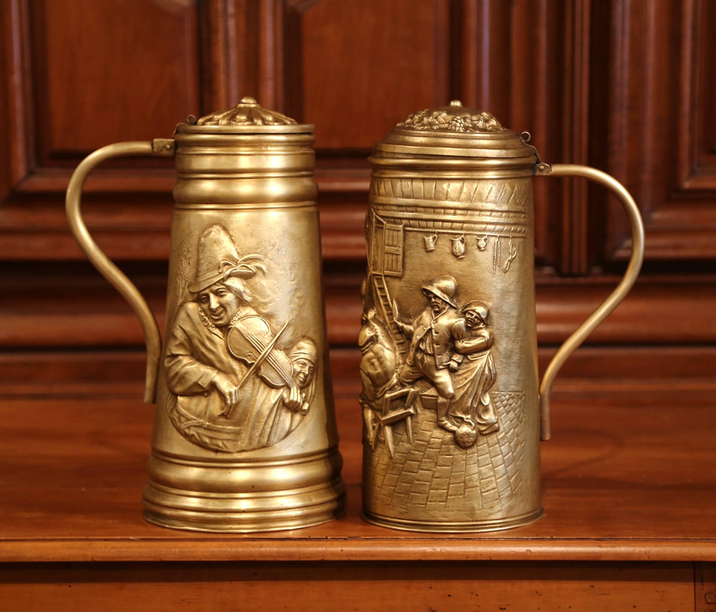Repoussé Pair of 19th Century Belgium Brass Beer Pitchers with Lid and Repousse Decor