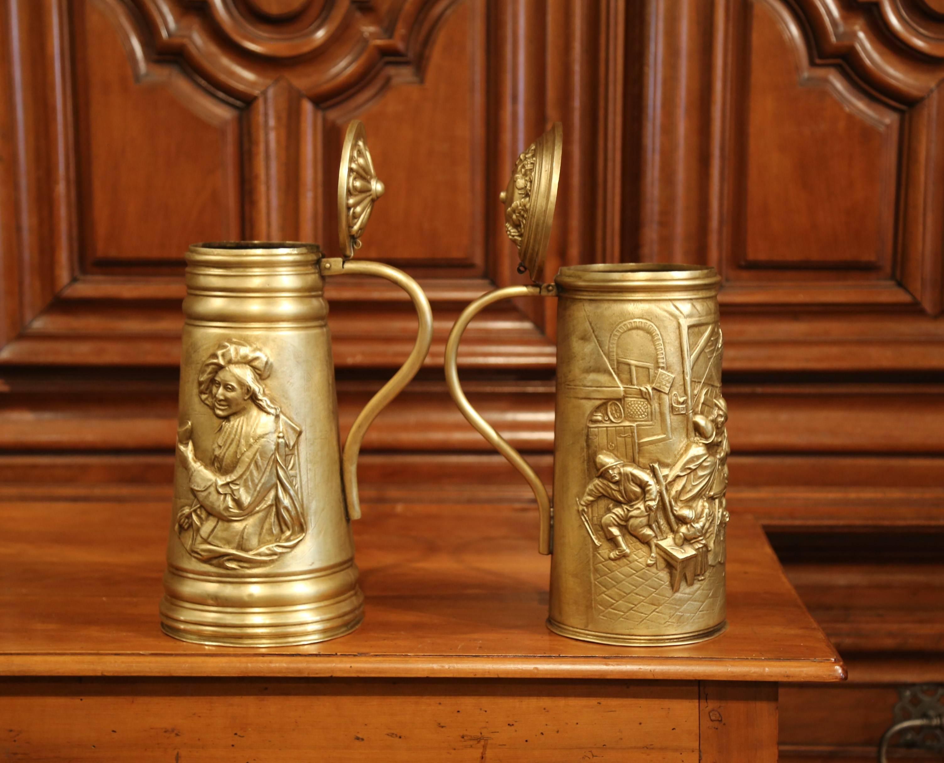 Pair of 19th Century Belgium Brass Beer Pitchers with Lid and Repousse Decor 1