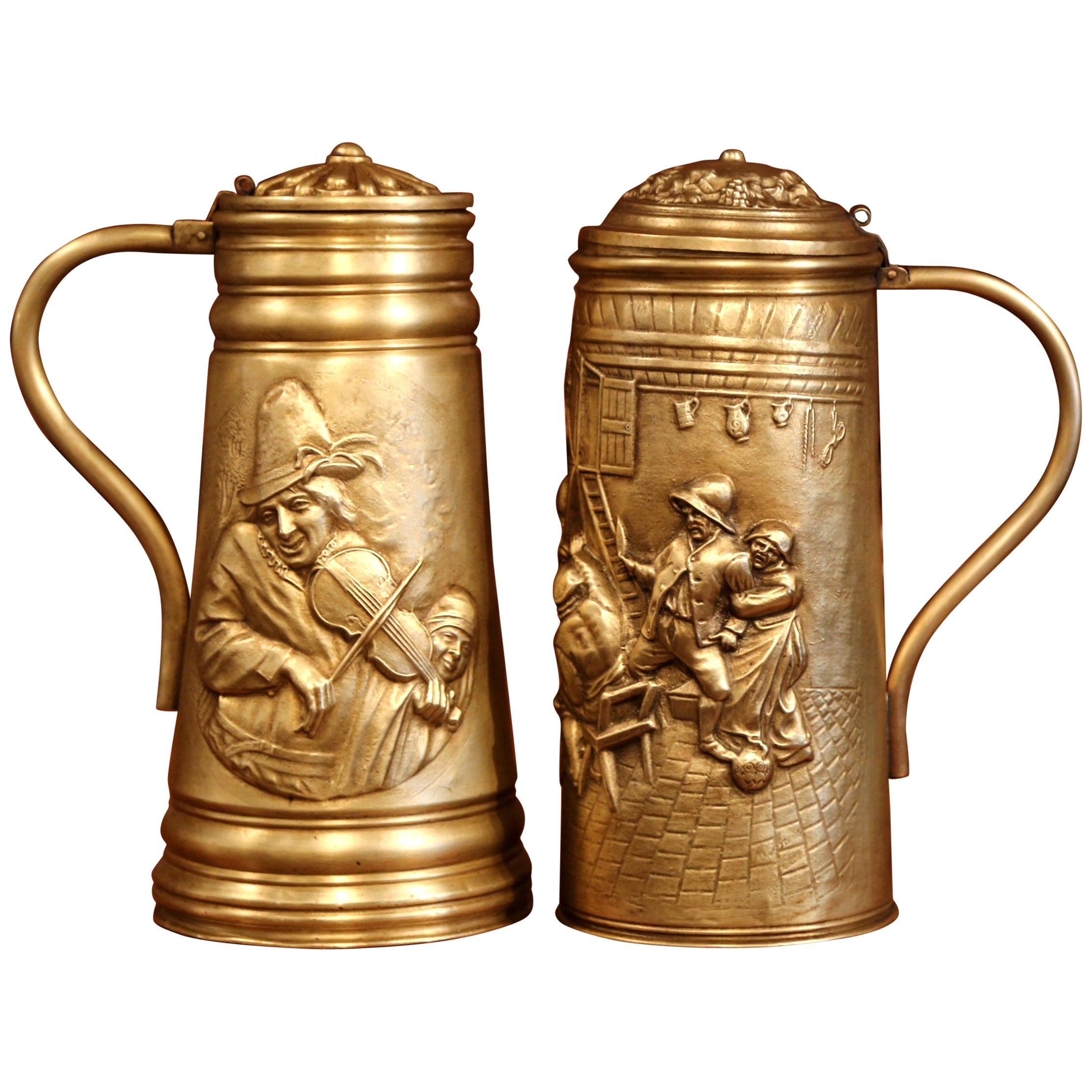 Pair of 19th Century Belgium Brass Beer Pitchers with Lid and Repousse Decor