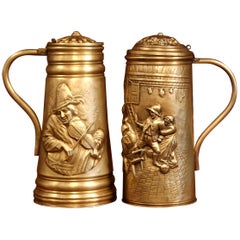 Pair of 19th Century Belgium Brass Beer Pitchers with Lid and Repousse Decor