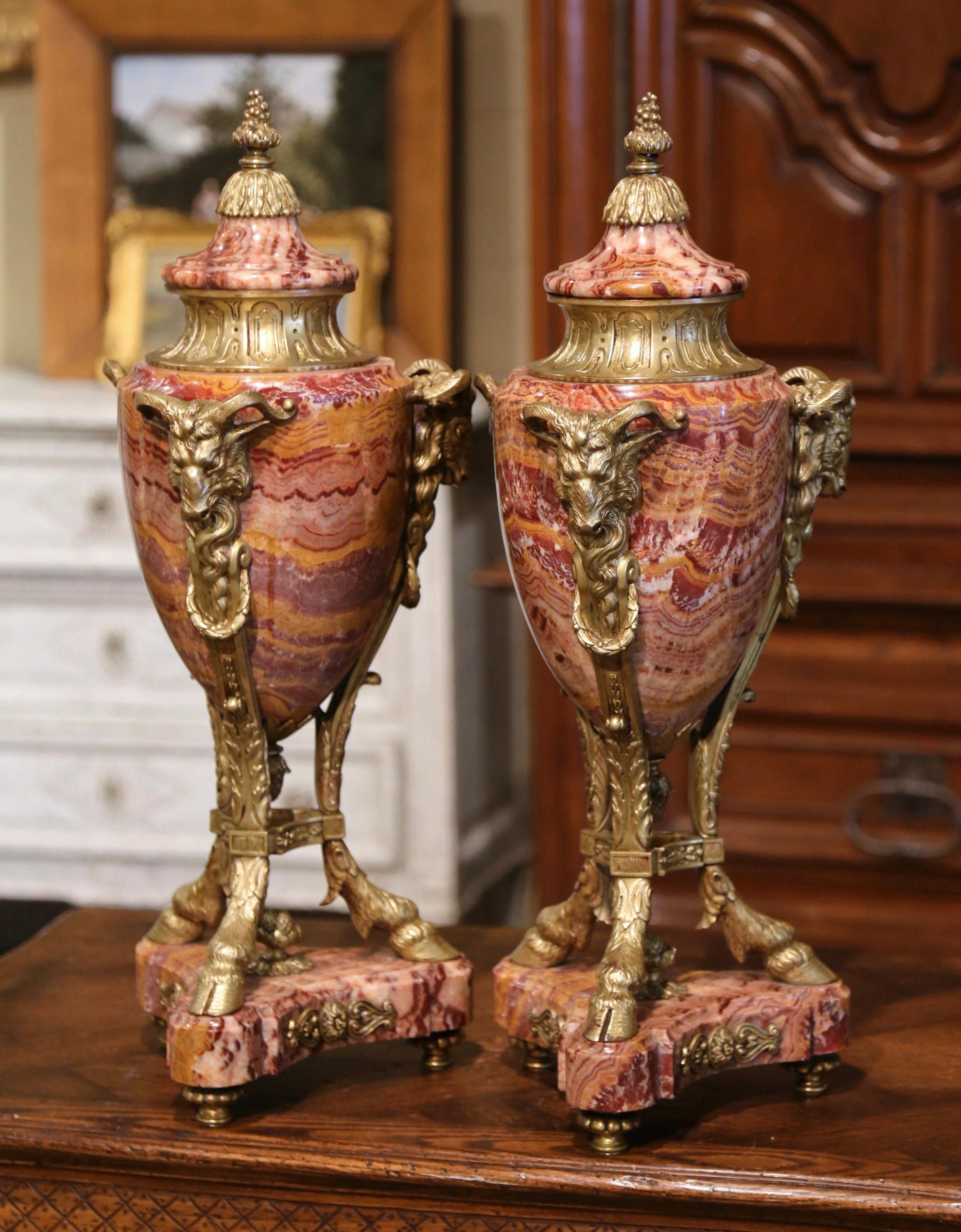 Neoclassical Pair of 19th Century Belgium Gilt Bronze-Mounted Variegated Onyx Covered Urns