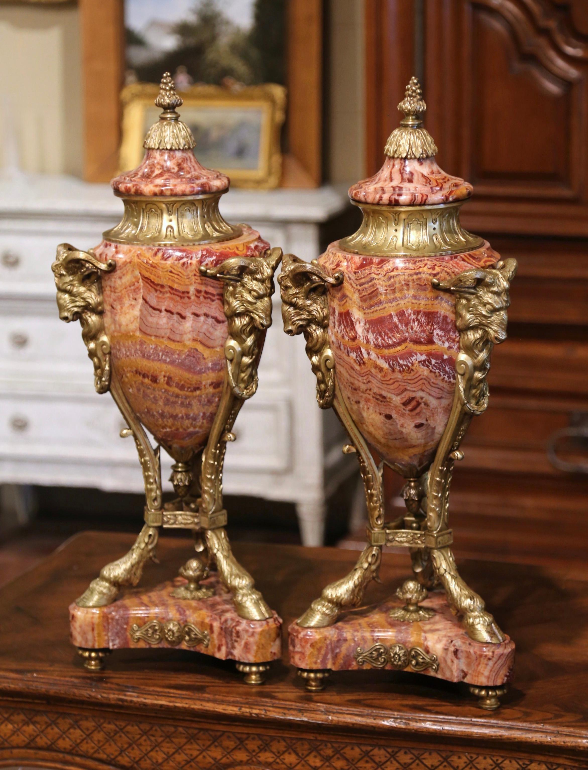 Patinated Pair of 19th Century Belgium Gilt Bronze-Mounted Variegated Onyx Covered Urns