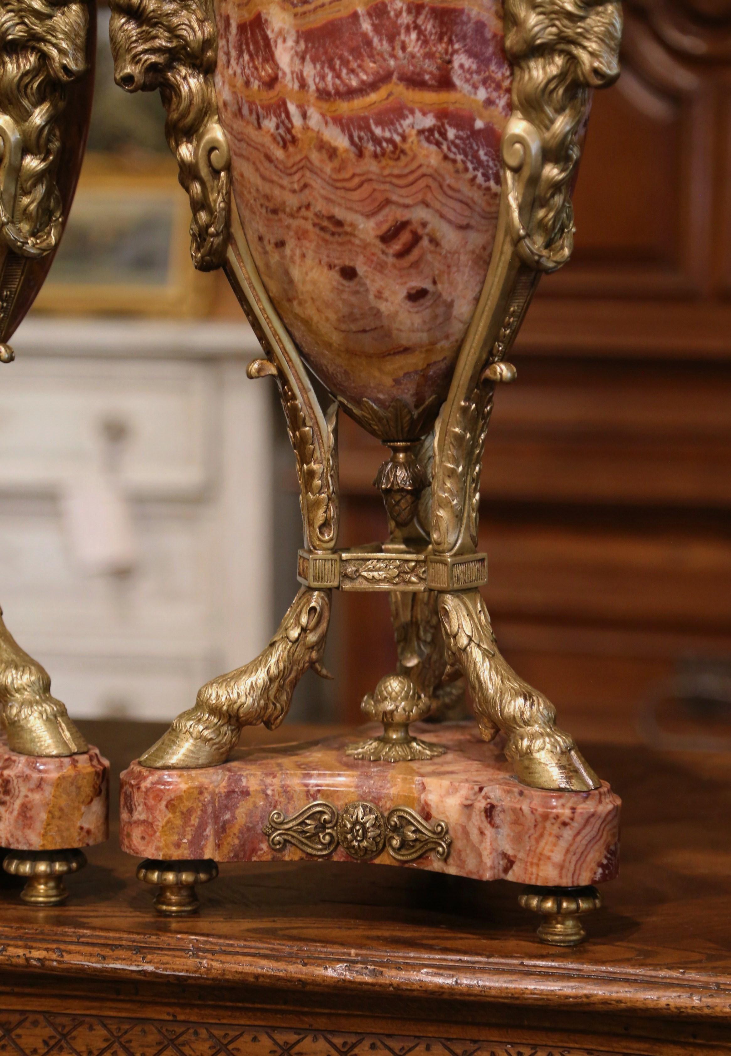 Pair of 19th Century Belgium Gilt Bronze-Mounted Variegated Onyx Covered Urns In Excellent Condition In Dallas, TX