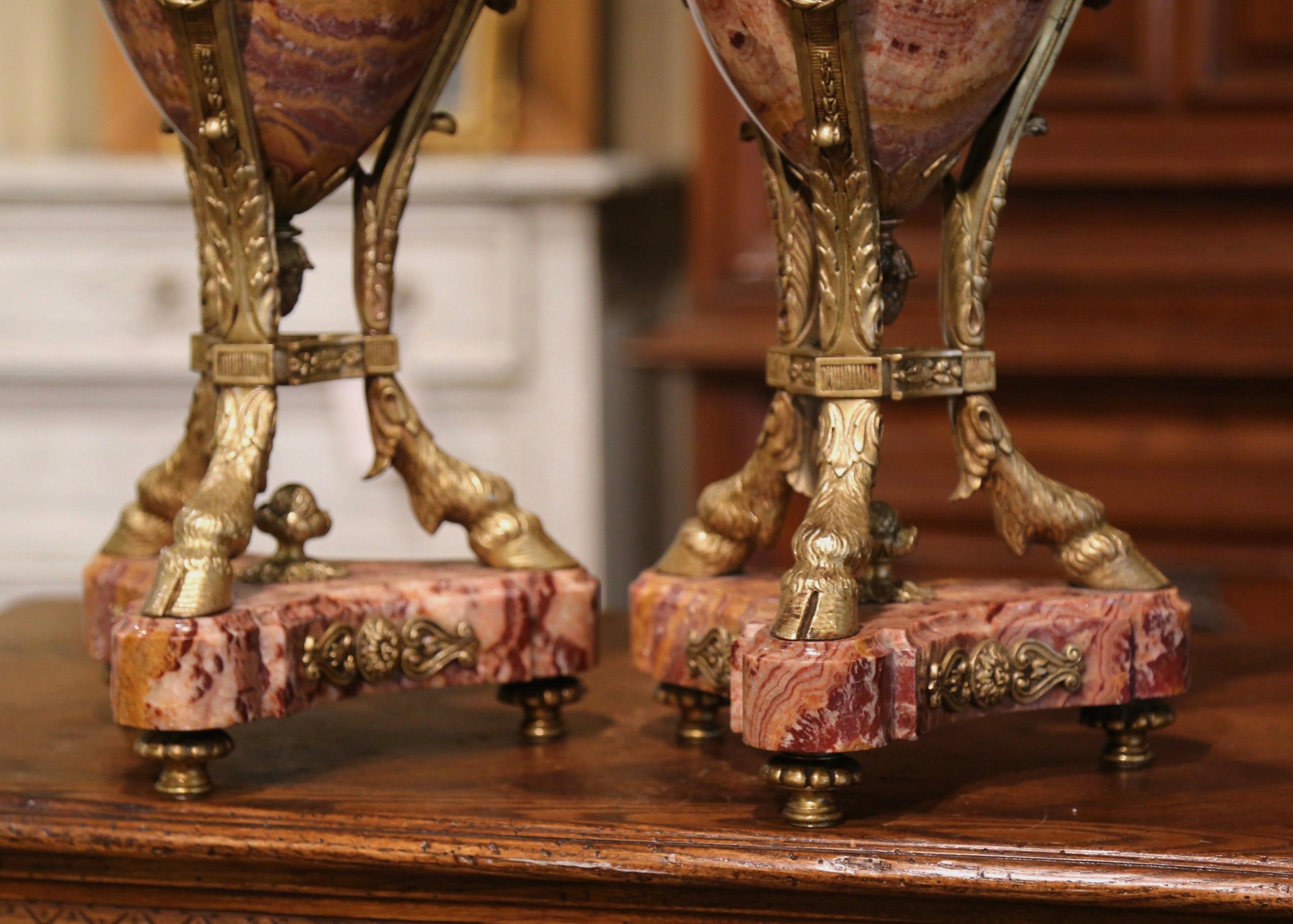 Pair of 19th Century Belgium Gilt Bronze-Mounted Variegated Onyx Covered Urns 2