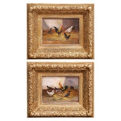 Pair of 19th Century Belgium Pendant Chicken Paintings Signed Dubois