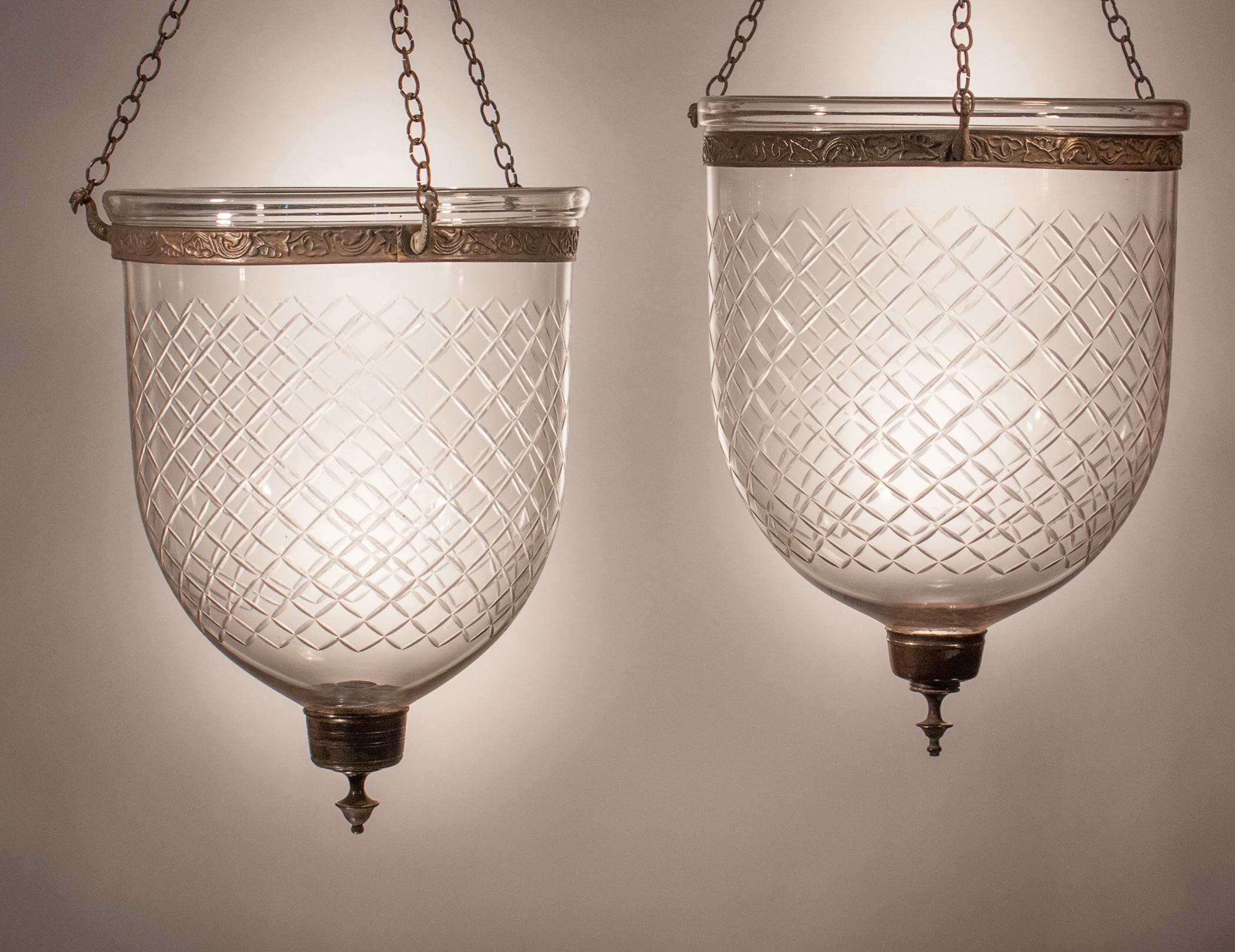 Pair of Bell Jar Lanterns with Diamond Etching 6