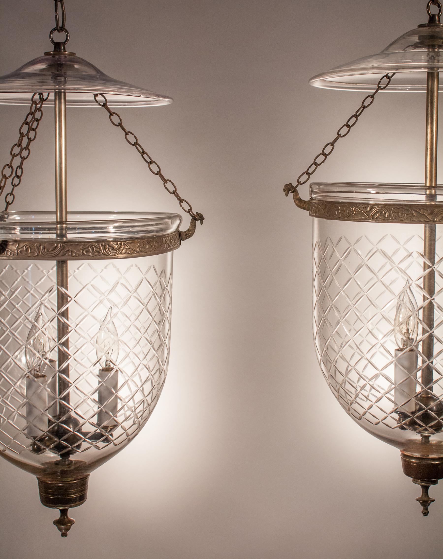 High Victorian Pair of Bell Jar Lanterns with Diamond Etching