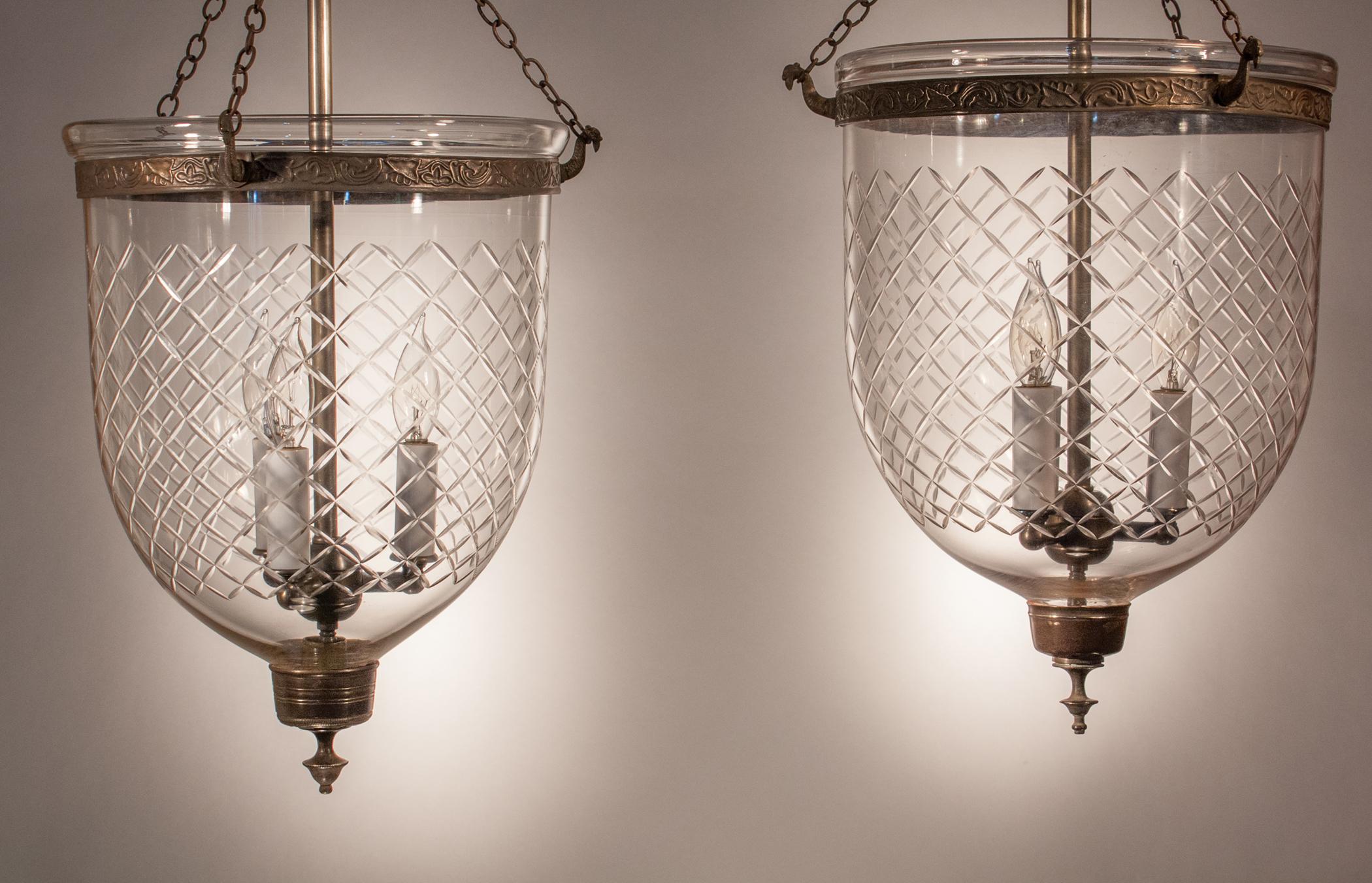 Unknown Pair of Bell Jar Lanterns with Diamond Etching