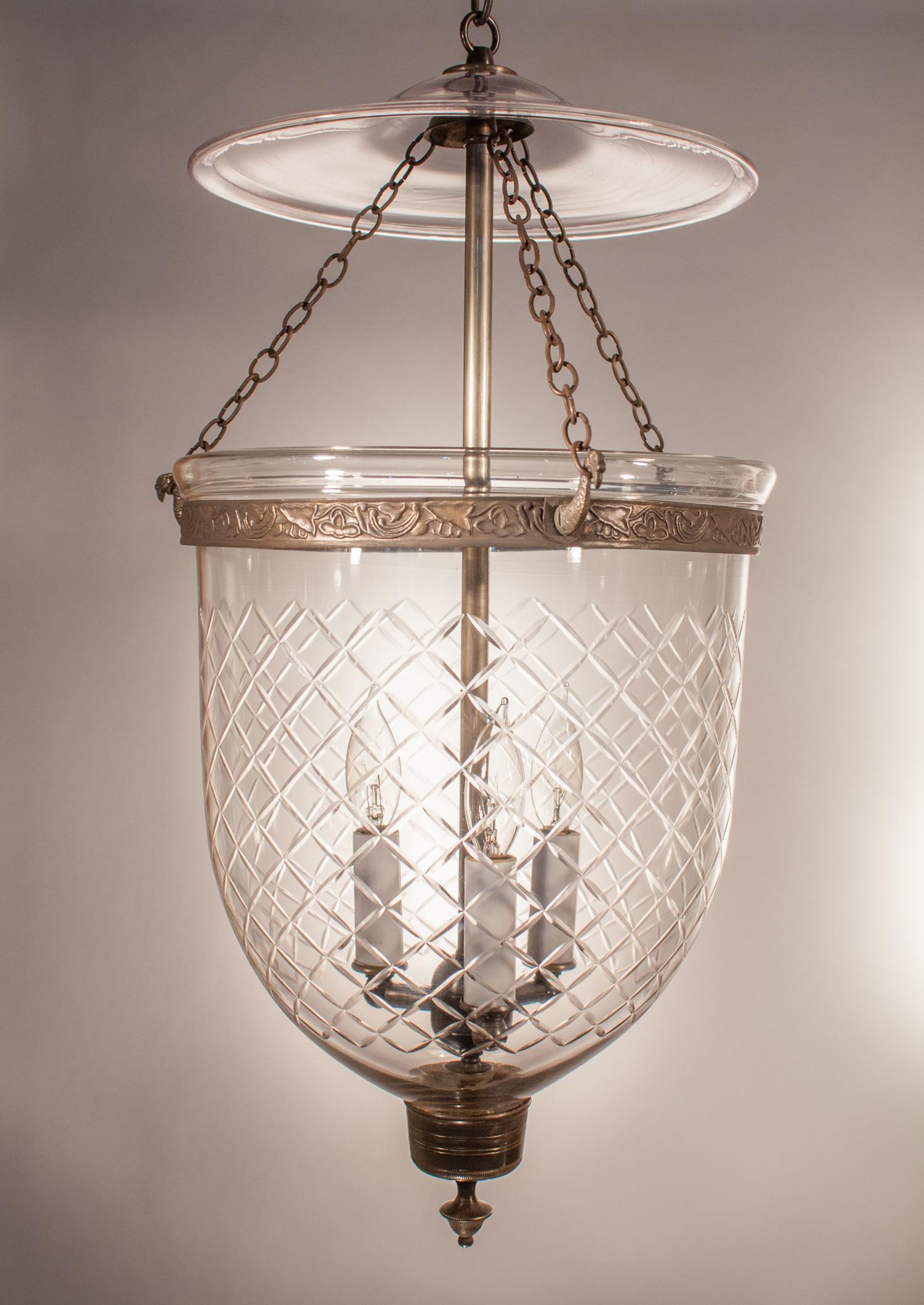 19th Century Pair of Bell Jar Lanterns with Diamond Etching