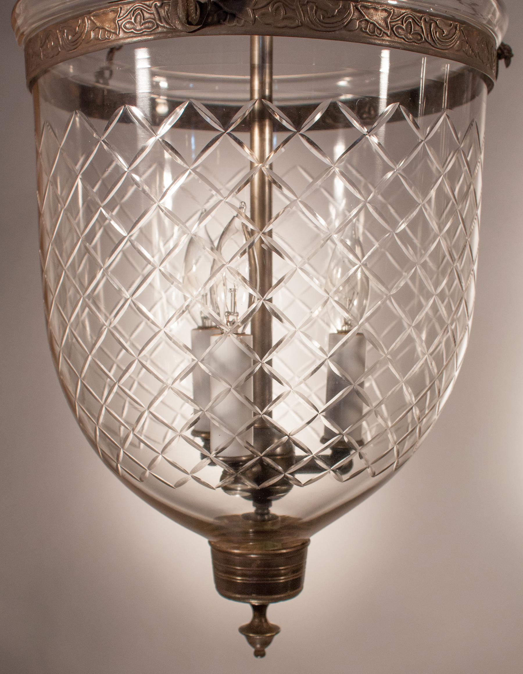 Brass Pair of Bell Jar Lanterns with Diamond Etching